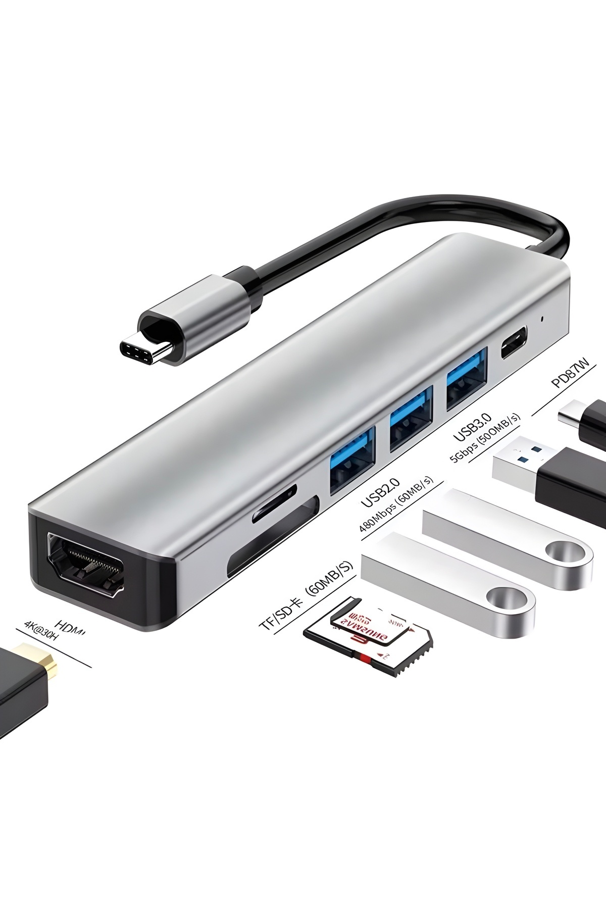 DEANB 7in1 AluminiumUsb Çoklayıcı Çevirici PD100W Hızlı Şarj 4K 60Hz 1xHDM 3xUSB 1xType-C TF/SD