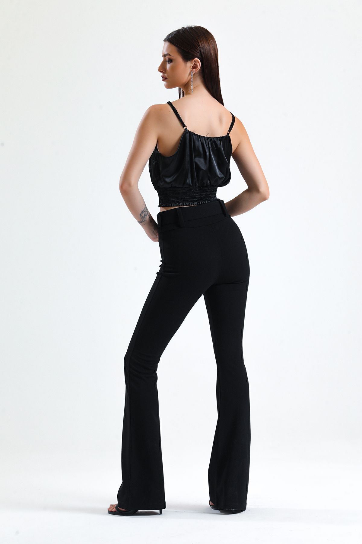 Sense  İspanyol Paça Kemerli Örme Kumaş Pantolon Pnt32439 Siyah - Görsel 7