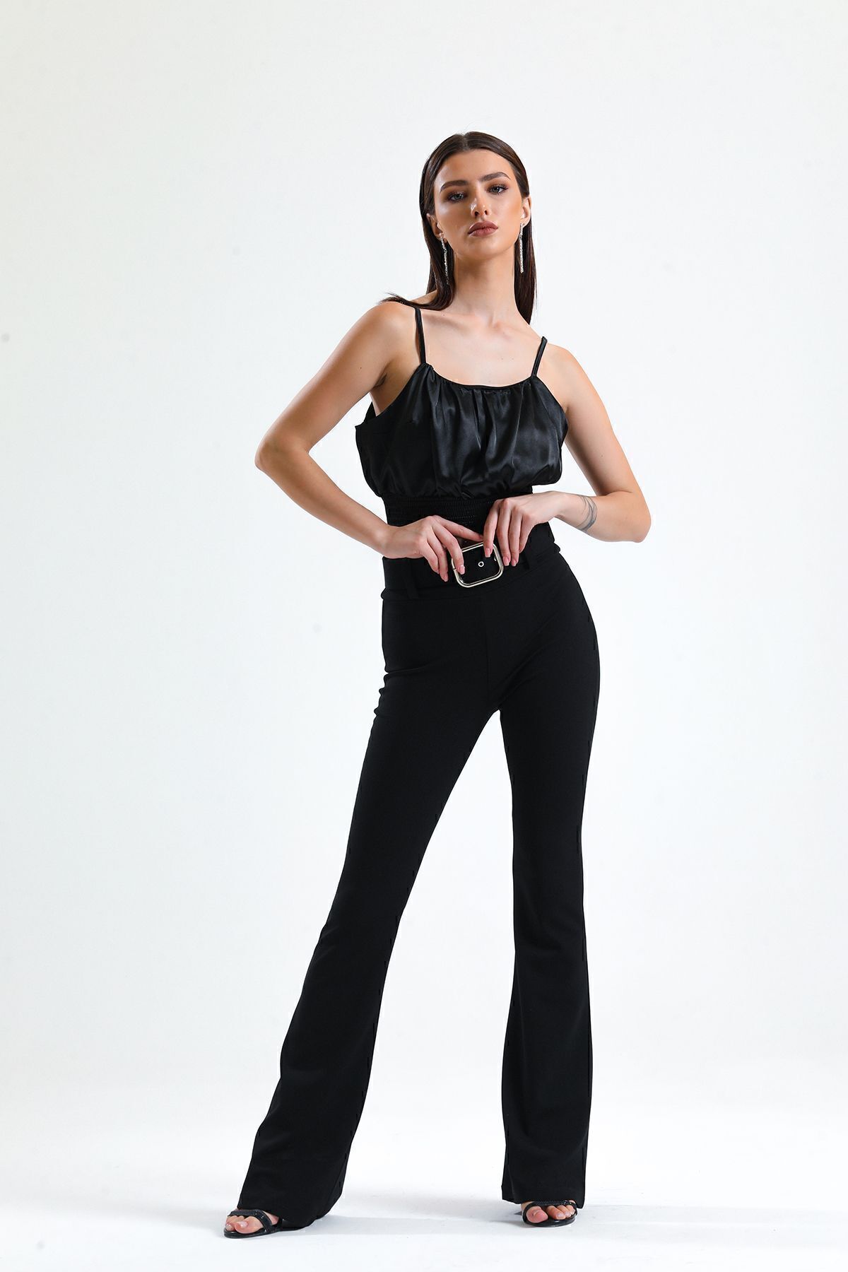 Sense  İspanyol Paça Kemerli Örme Kumaş Pantolon Pnt32439 Siyah - Görsel 6