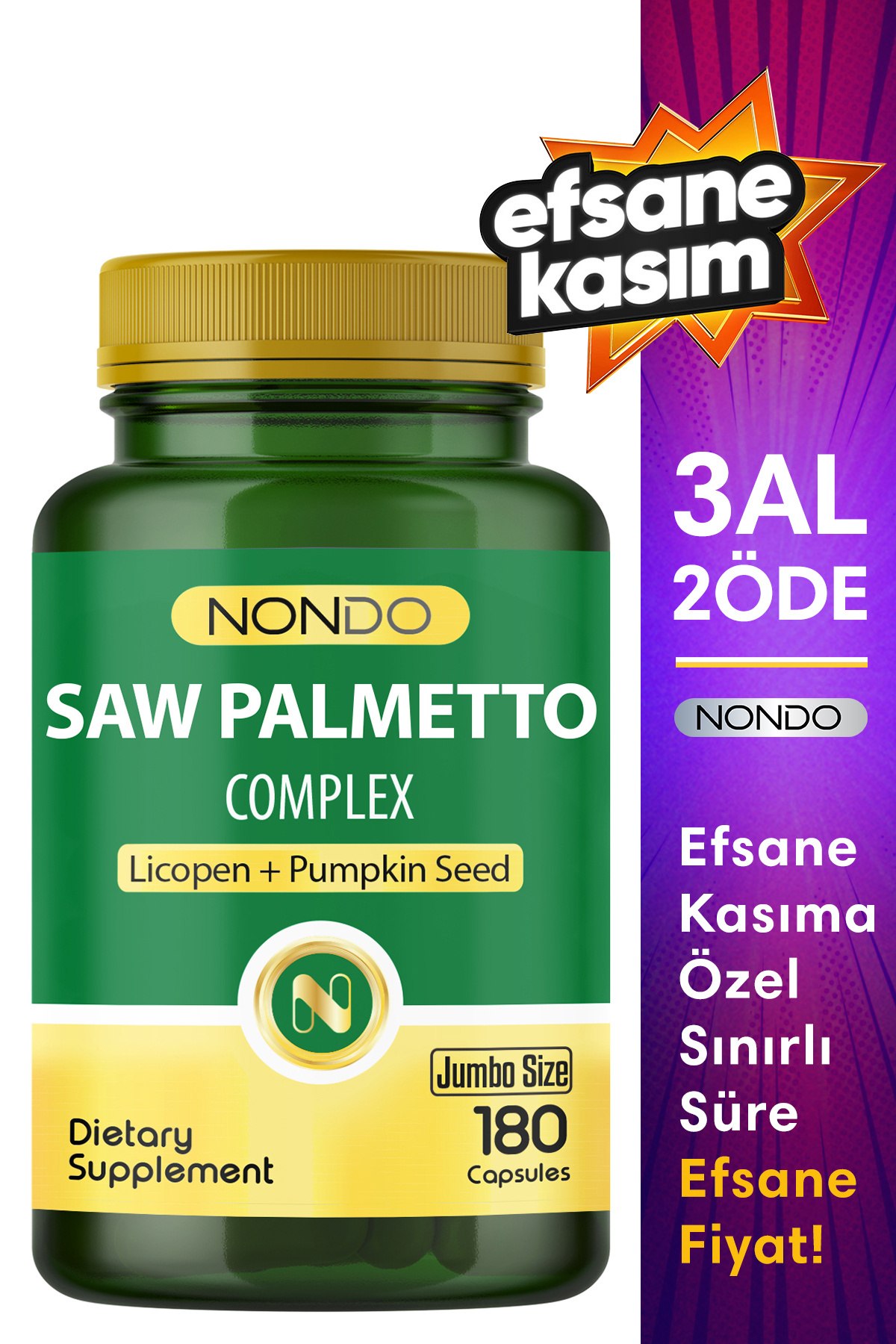 Nondo Saw Palmetto Complex 180 Kapsül (jumbo Boy Cüçe Palmiye Likopen Çinko Isırgan Otu )