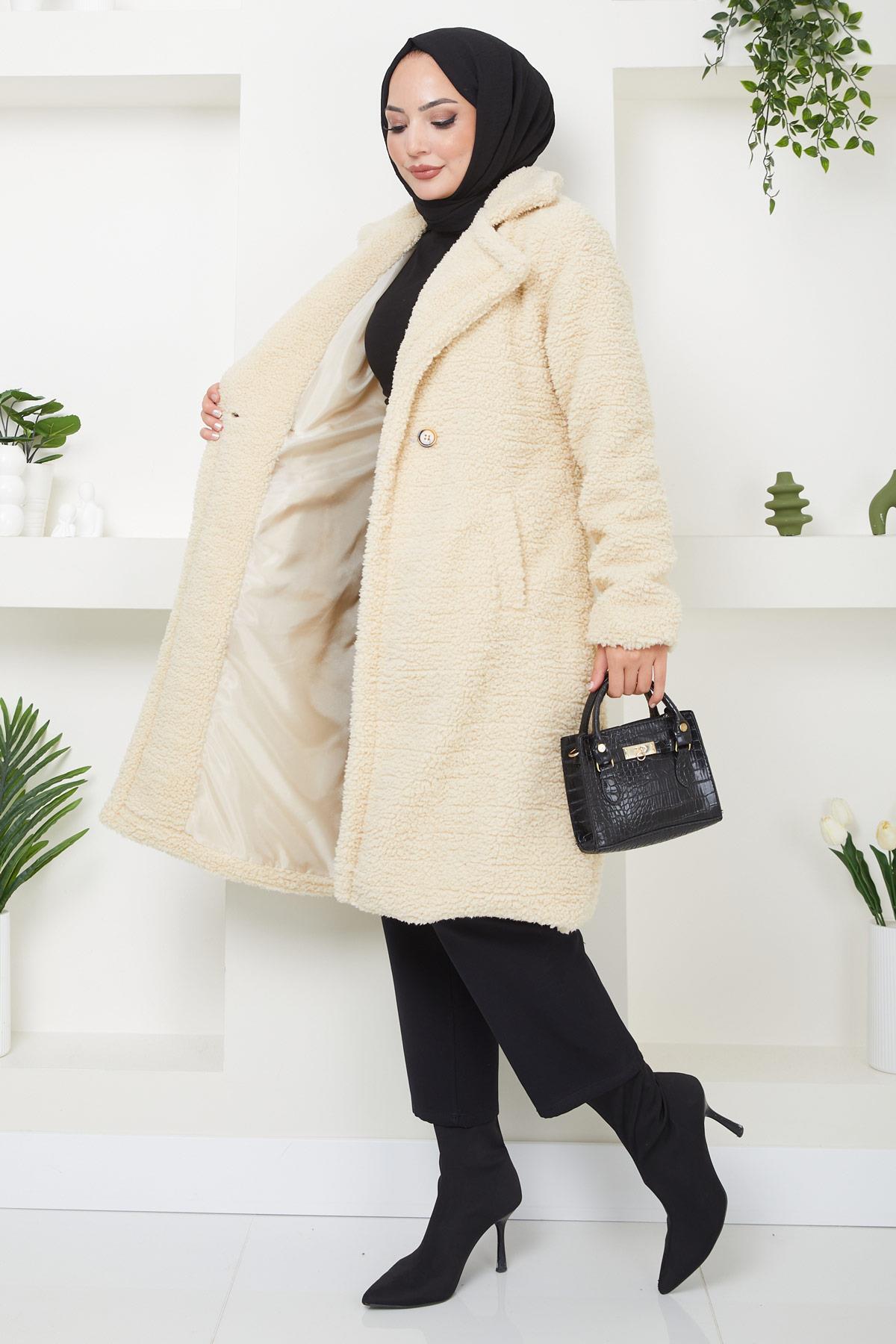 hafsamina  Fleto Cepli Peluş Mont Krem HM2506 - Görsel 6