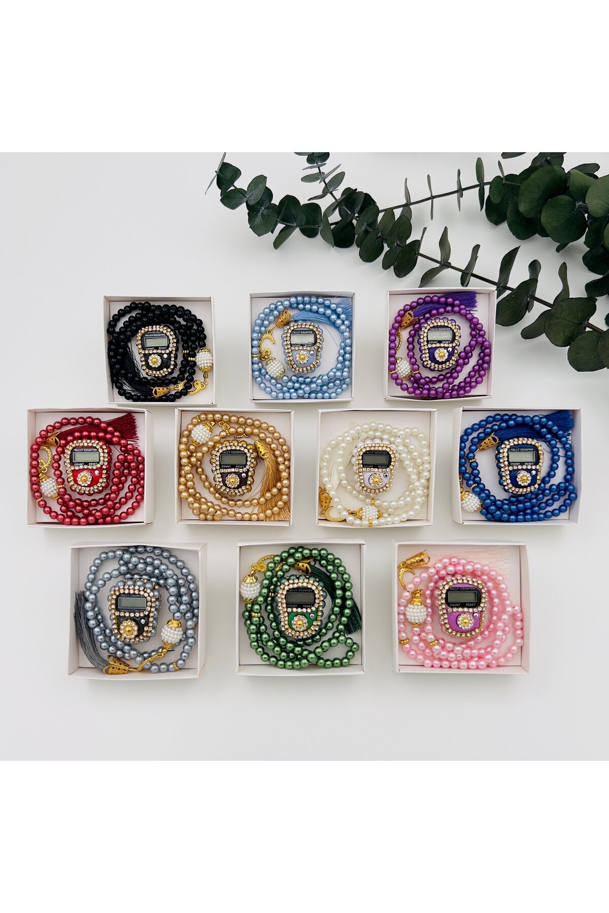 Genel Markalar 10 Adet Hediyelik Çeyizlik Beyaz Kutulu Tesbih Ve Taşlı Zikirmatik Seti