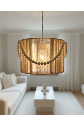 BG CONCEPT Ahşap Boncuklu Avize Bohem Avize,Rustik Avize,Oturma Odası,Antre,H...