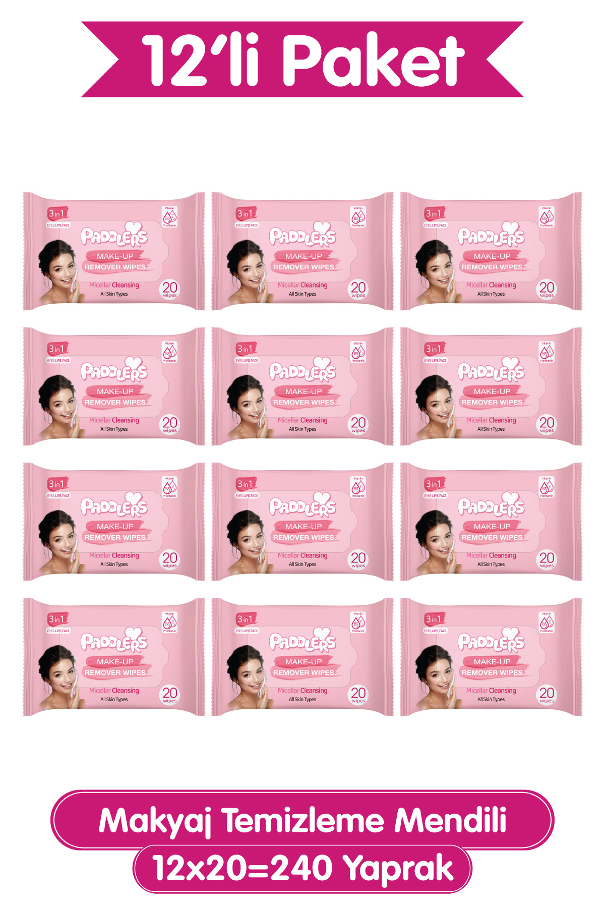 Paddlers 3'ü 1 Arada Makyaj Temizleme Mendili 12x20 (240 Yaprak)
