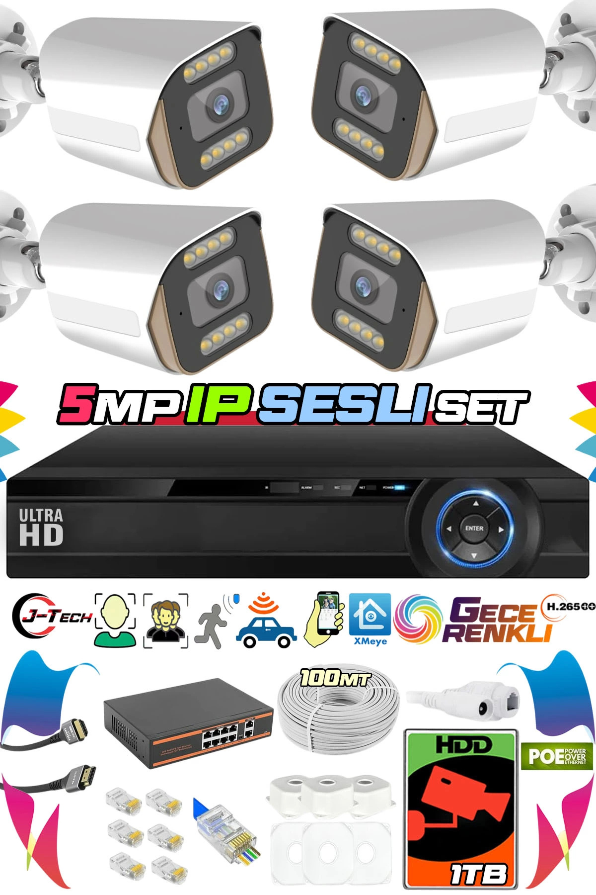 jetucuzal 4 Kameralı IP Set 1TB 9060 5MP Mikrofonlu HD Gece Renkli Güvenlik Kamerası Sistemi -Cepten izle