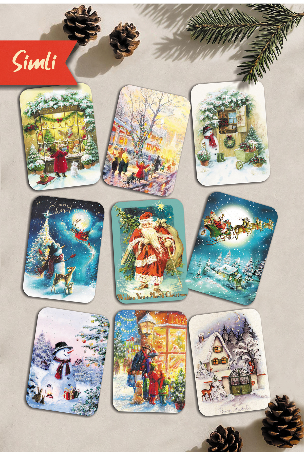 Mia Pera 9 lu Simli Yılbaşı Kartpostal Seti Yeniyıl 9 Lu Kardan Adam Noel Baba Nostalji