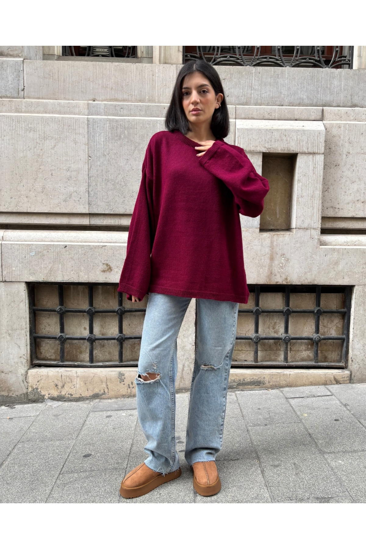 Kadın Bordo Oversize Bisiklet Yaka Triko Kazak