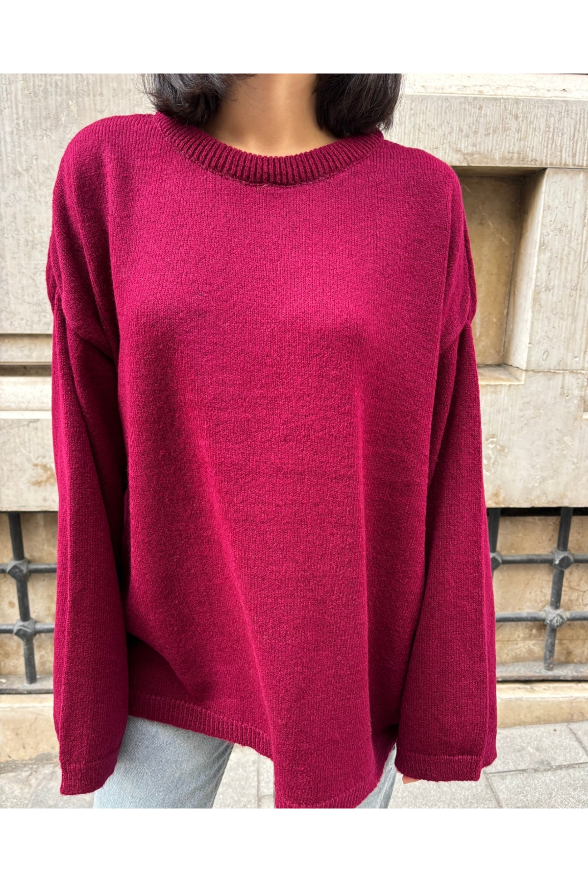 Kadın Bordo Oversize Bisiklet Yaka Triko Kazak