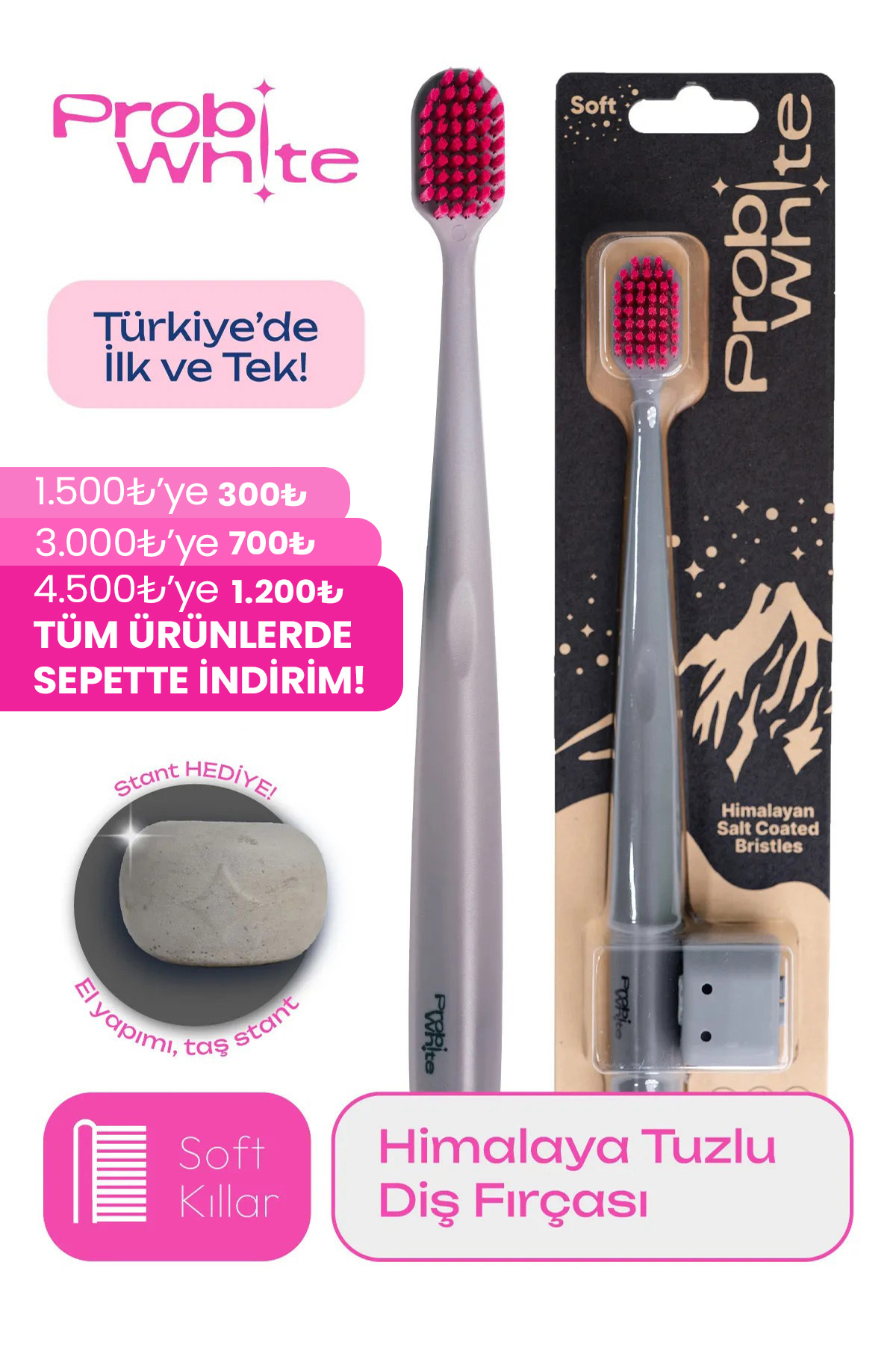 Probident Probiwhite Himalaya Tuzlu Doğal Vegan Diş Fırçası El Yapımı Stant Hediye