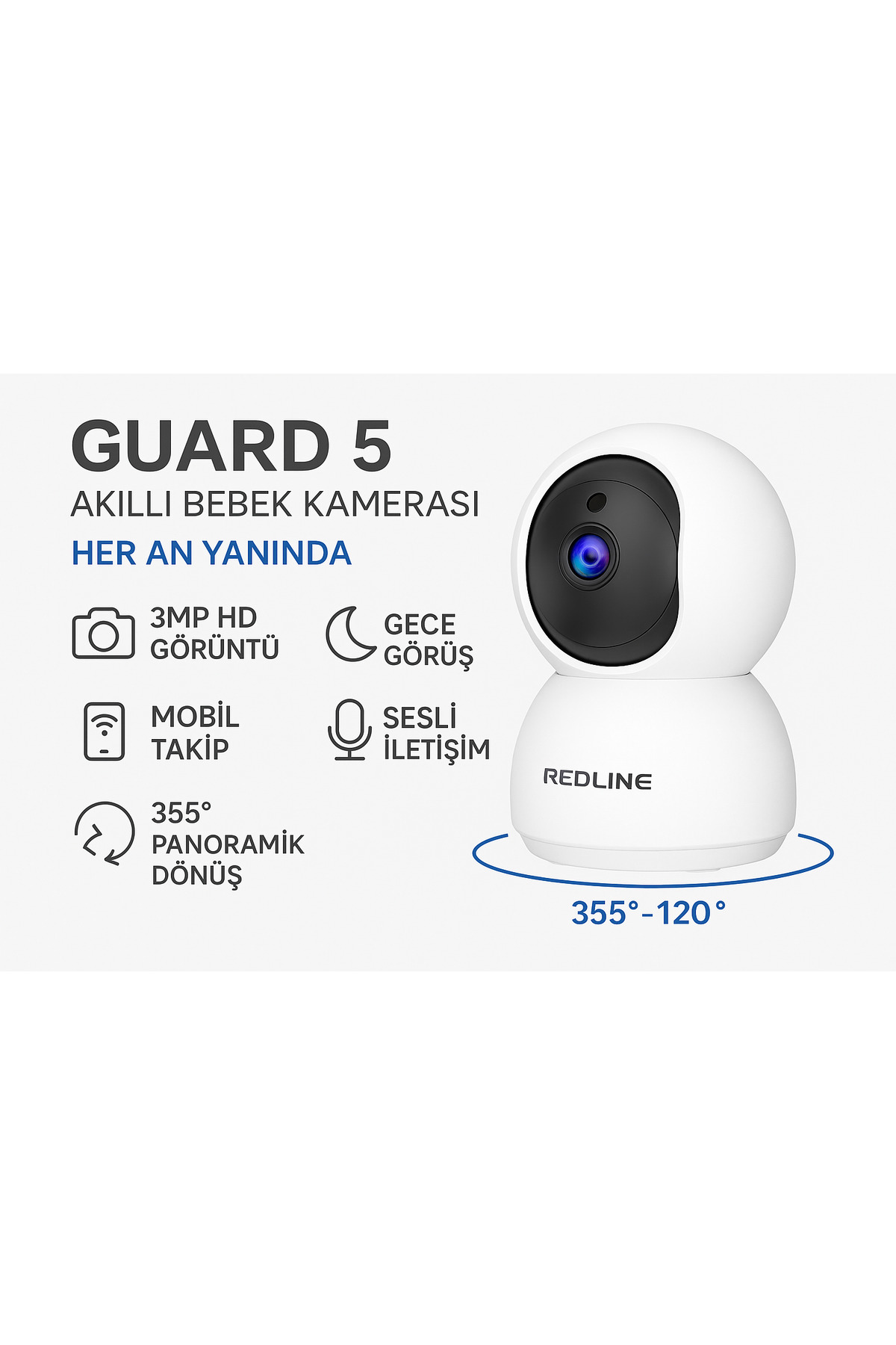 Redline Guard 5 Akıllı Bebek Kamerası |HD – Gece Görüş – Hareket Takibi – Mobil Erişim – 355° Dönüş fotoğrafı 2 (önizleme)