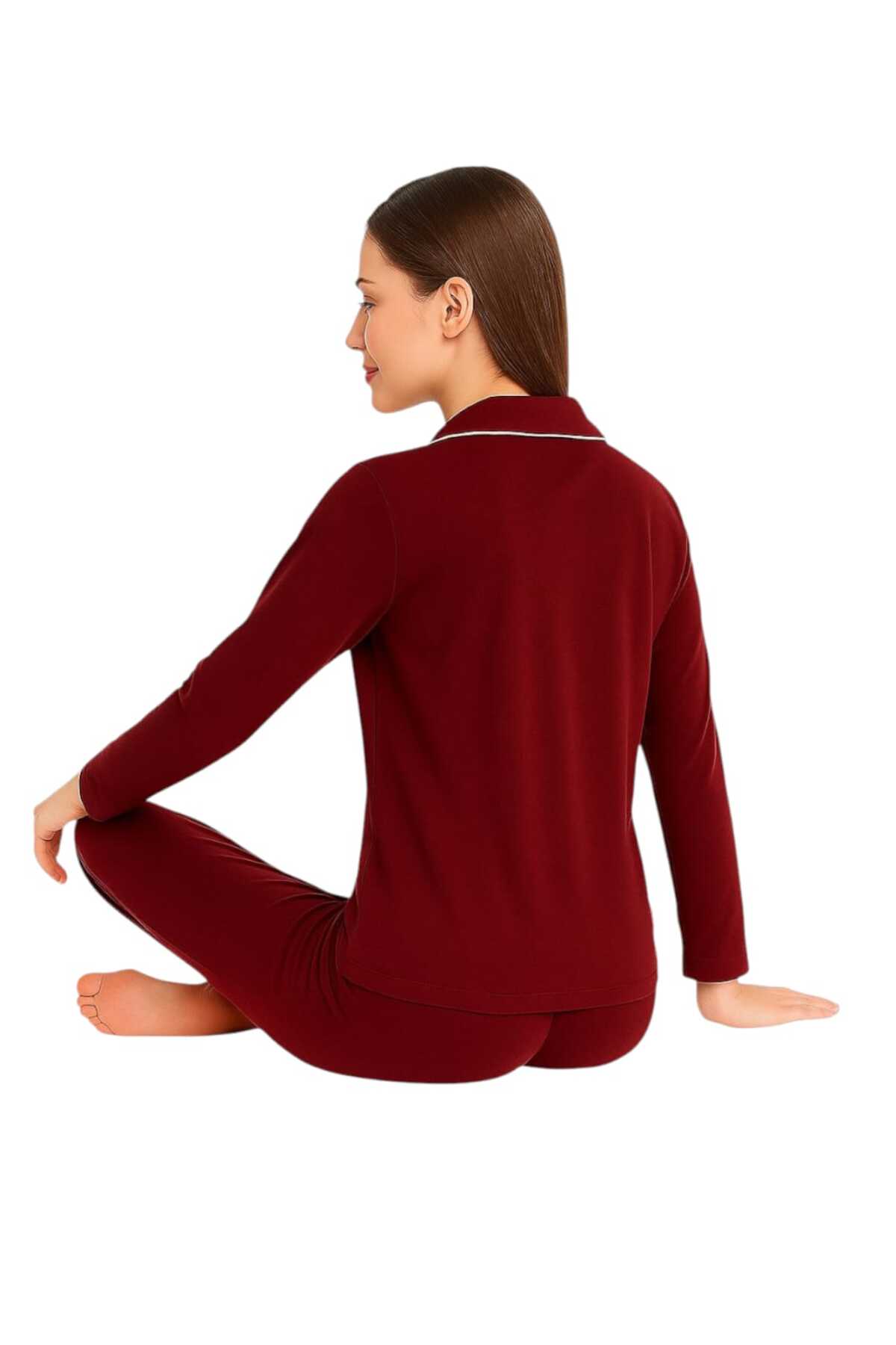 Sude HOMEWEAR Kadın Bordo Renk Biyeli Pamuklu Uzun Kol Gömlek Pijama Takımı görsel 2