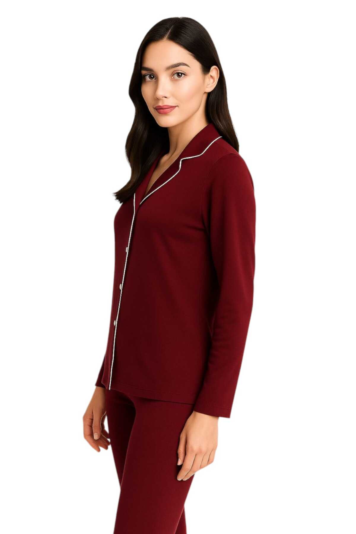 Sude HOMEWEAR Kadın Bordo Renk Biyeli Pamuklu Uzun Kol Gömlek Pijama Takımı görsel 3