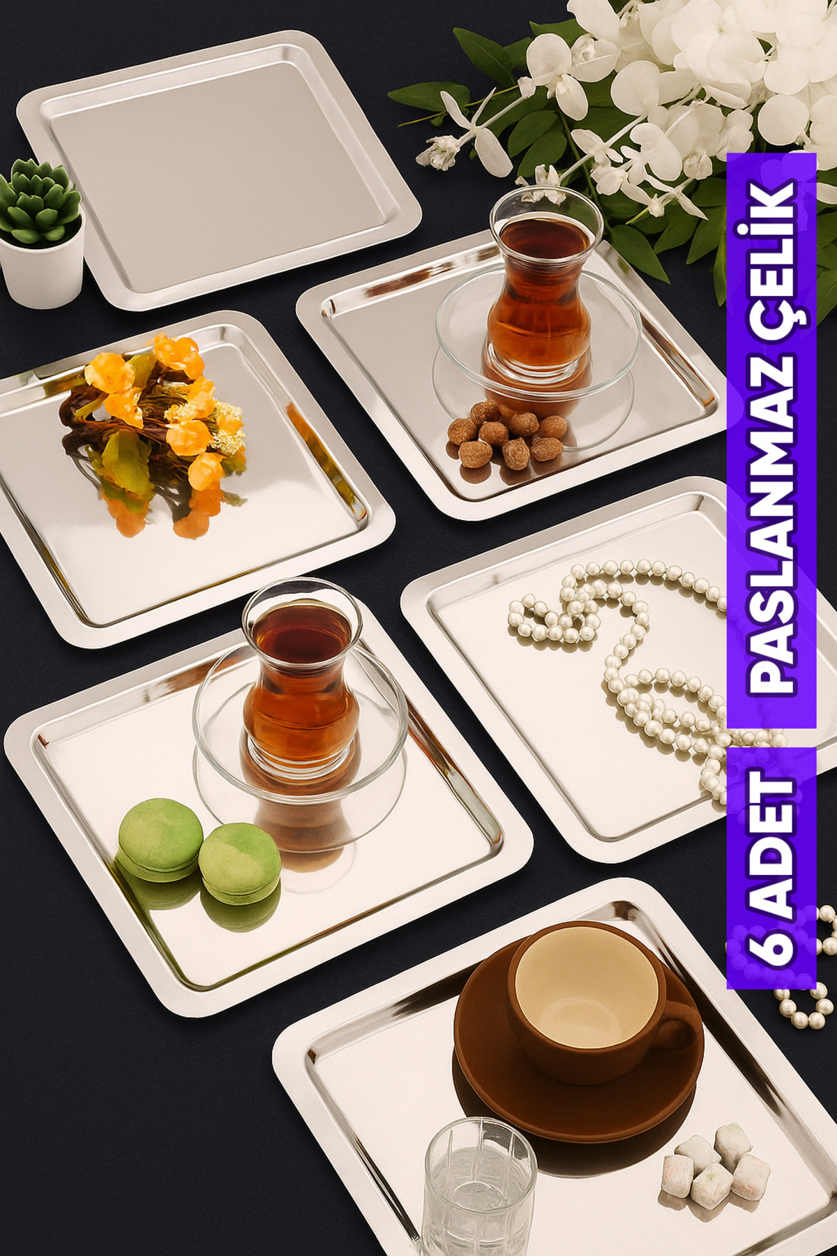 AKSESUAR EVRENİ Orlen Paslanmaz Çelik Kahve Sunum Tepsisi Servis Çay Tepsisi Dekoratif Tepsi