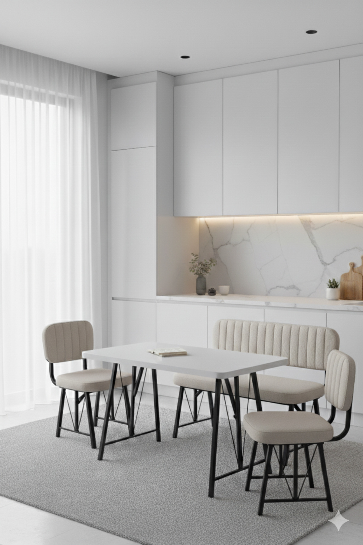 Parlazonhome Elfin 70x110 Beyaz Sabit, 2 Sandalye 1 Bench, Masa Sandalye Takımı, Mutfak Masası Takımı - Krem