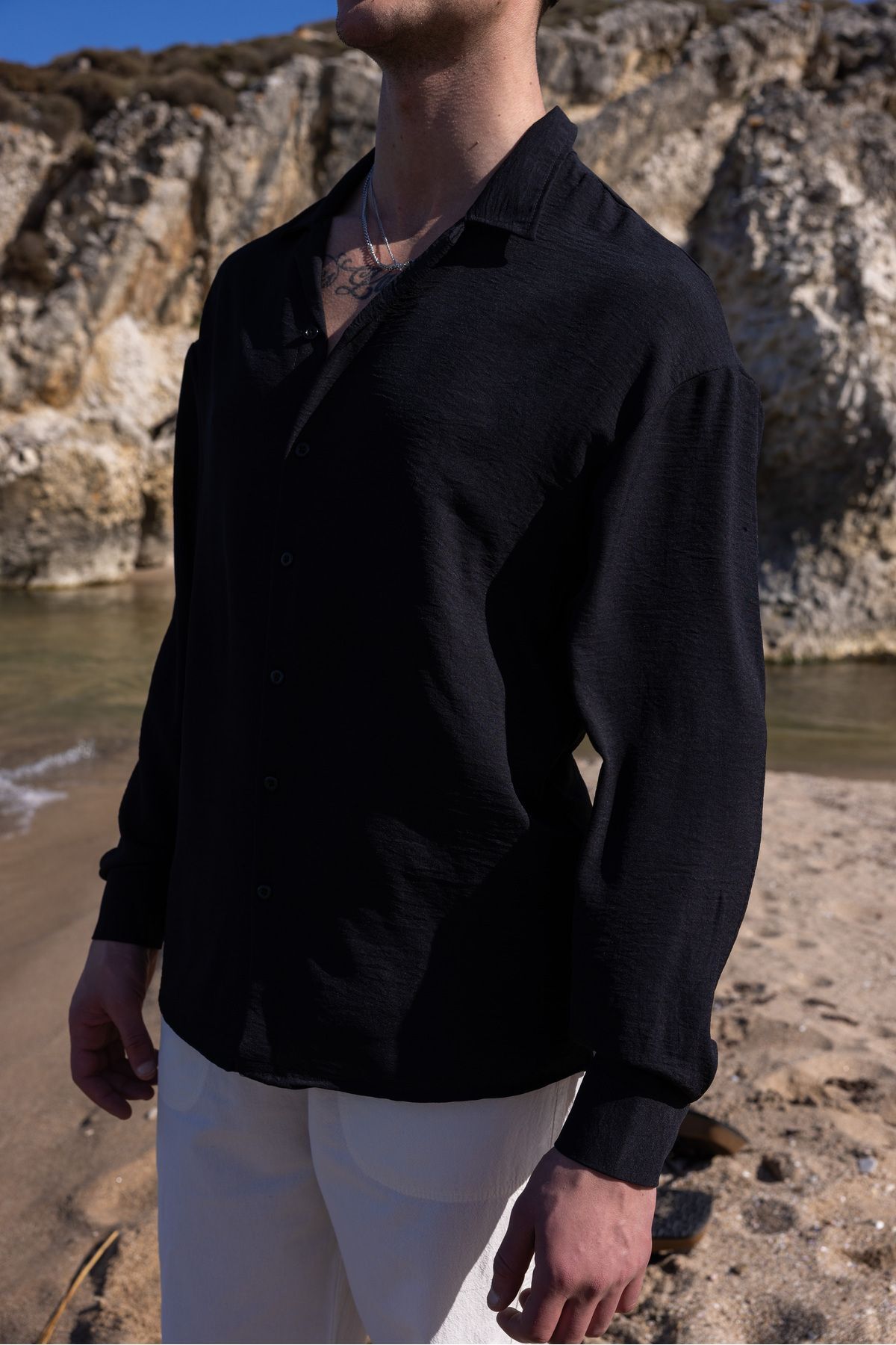 COMBİNE MİCHAİL  Erkek Siyah Keten Dokulu Rahat Kalıp Yazlık Gömlek - Görsel 5