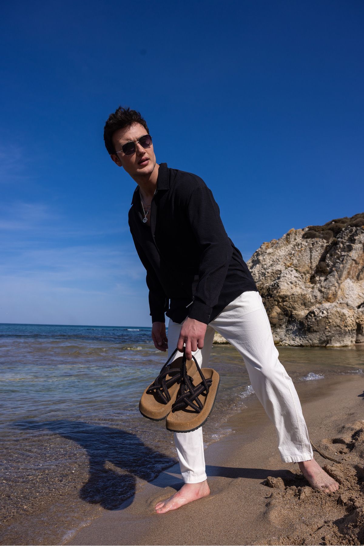 COMBİNE MİCHAİL  Erkek Siyah Keten Dokulu Rahat Kalıp Yazlık Gömlek - Görsel 3