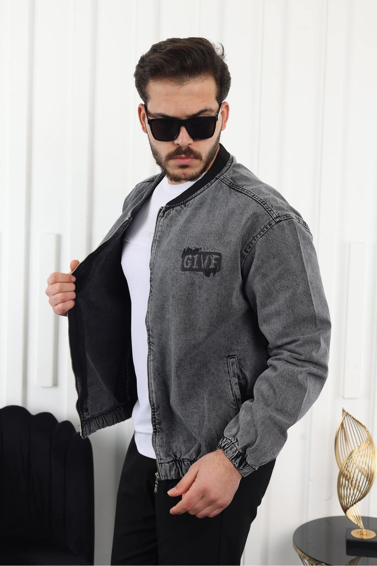 comstar  Erkek Oversize Günlük Bomber Jean Antrasit Fermuarlı Kot Ceket - Görsel 3