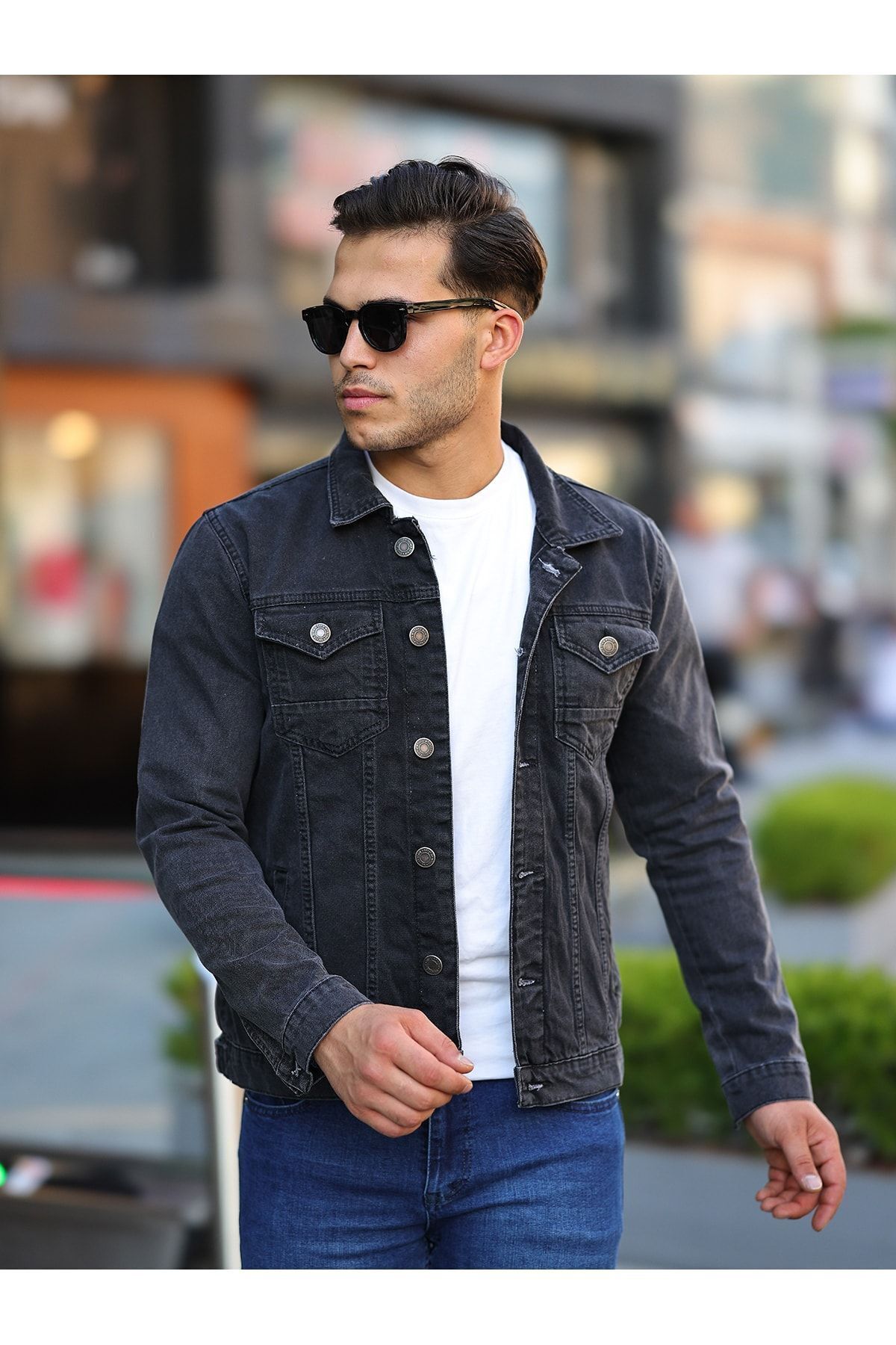 comstar  Erkek Trend Polo Yaka Slim Fit Denim Jeans Antrasit Kot Ceket - Görsel 3