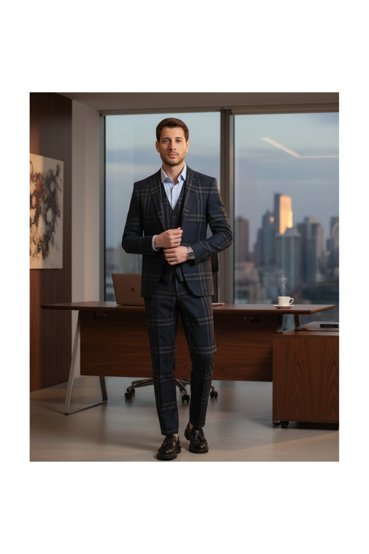 Frappoli Slim Fit Lacivert Ekose Kareli Düz Mono Yaka Çift Yırtmaçlı Astarlı Takim Elbise