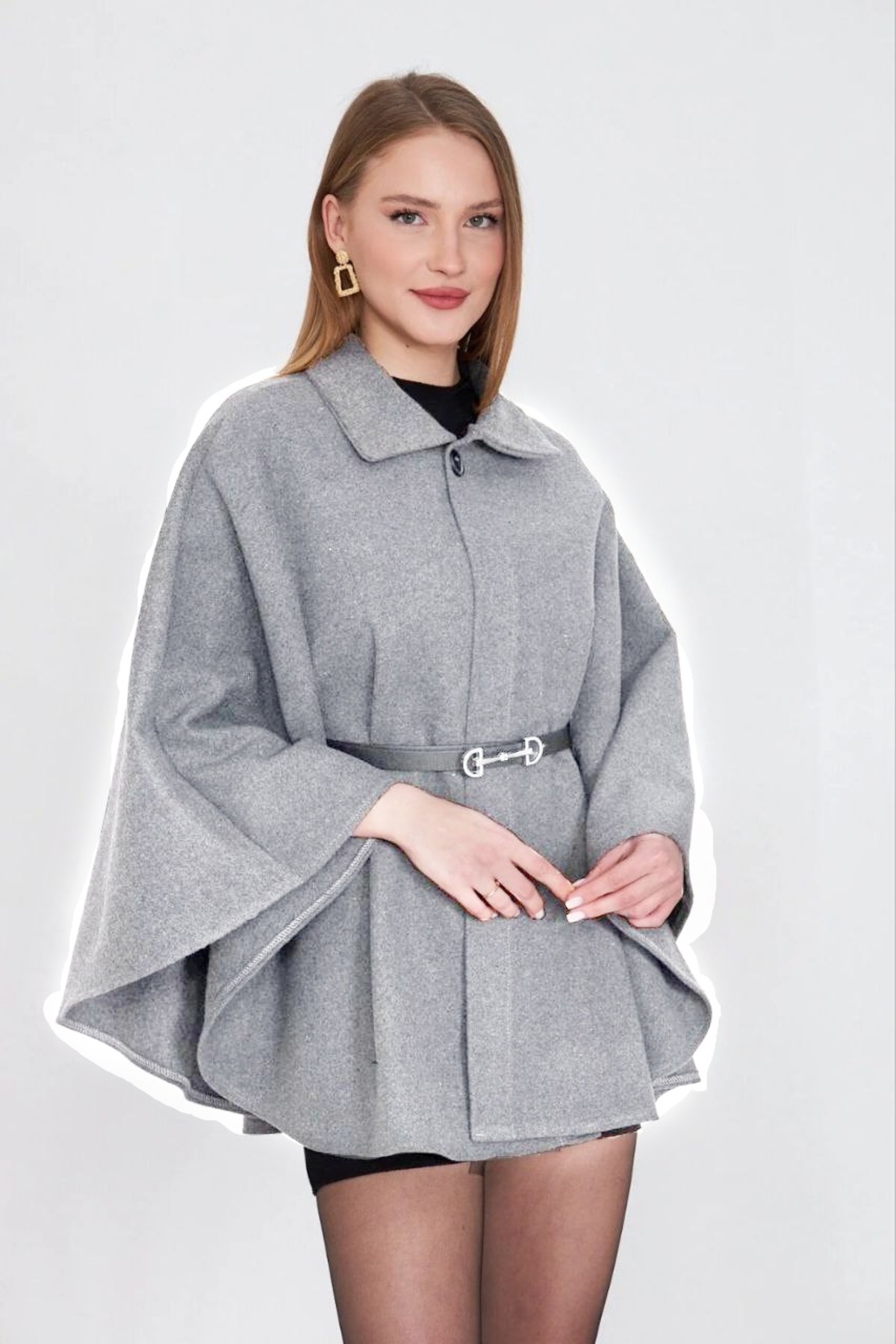 SMALL TOUCH Kemer Detaylı Şık Kaşe Panço Kadın Dış Giyim Modeli