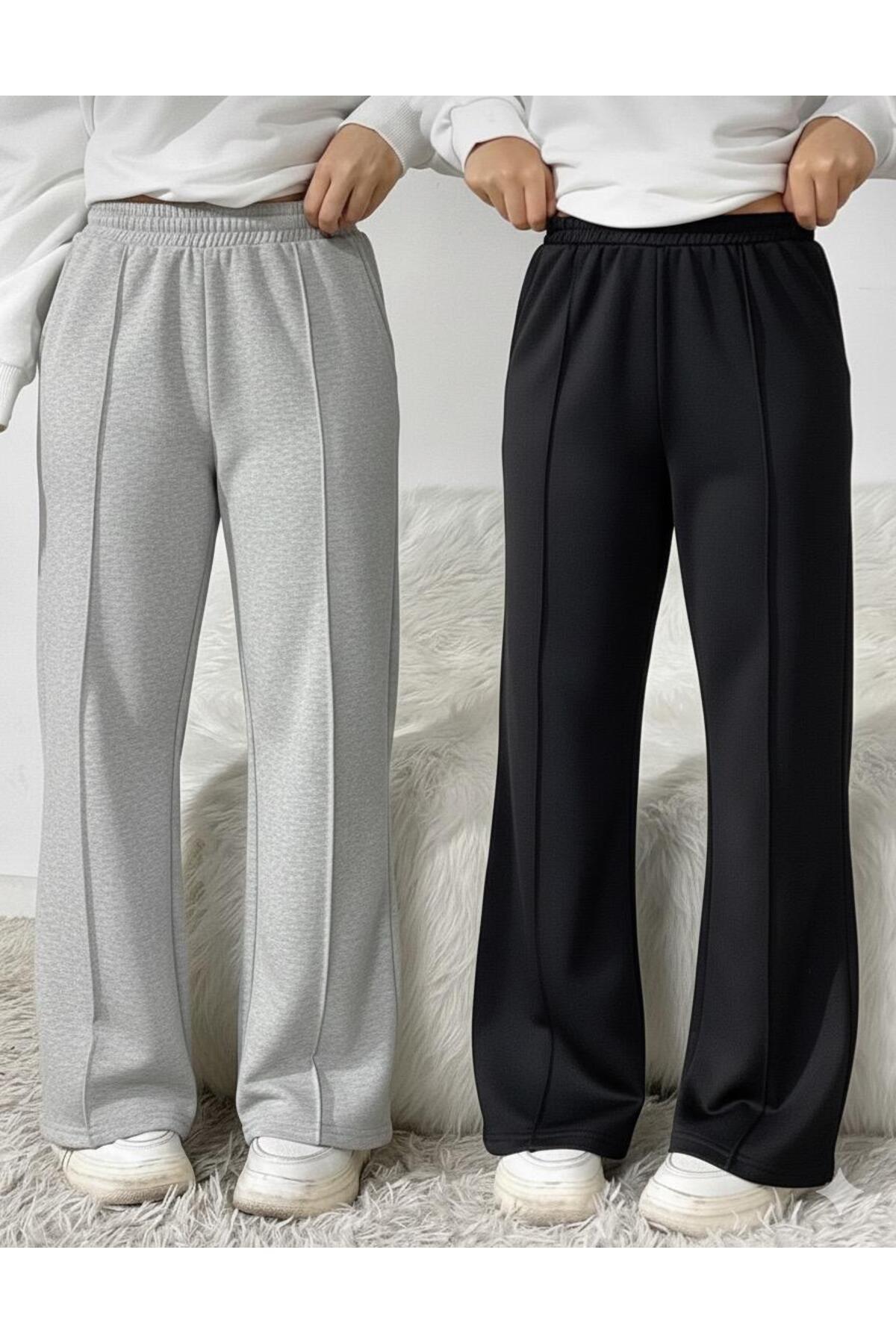 LACKH 2 Adet Bol Paça Siyah Gri Kadın Eşofman Altı