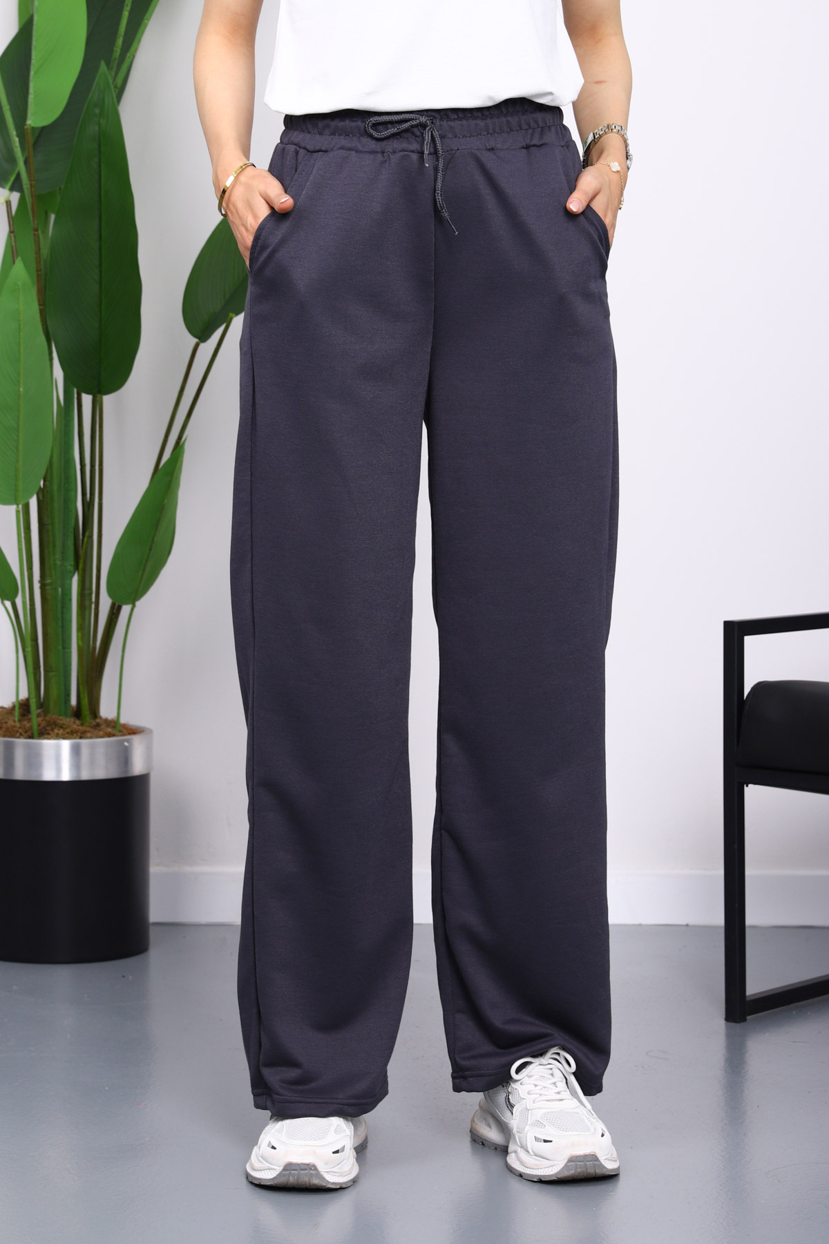 İmajButik Füme Bel Lastikli İki İplik Palazzo Eşofman Alt