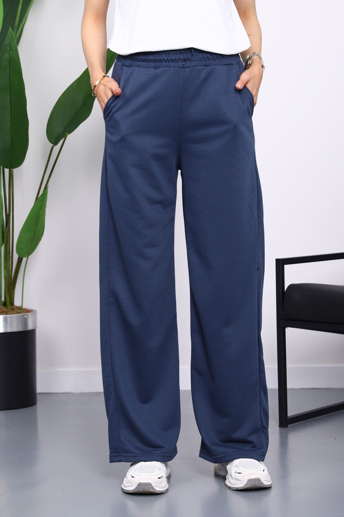 İmajButik Antrasit Bel Lastikli İki İplik Palazzo Eşofman Alt