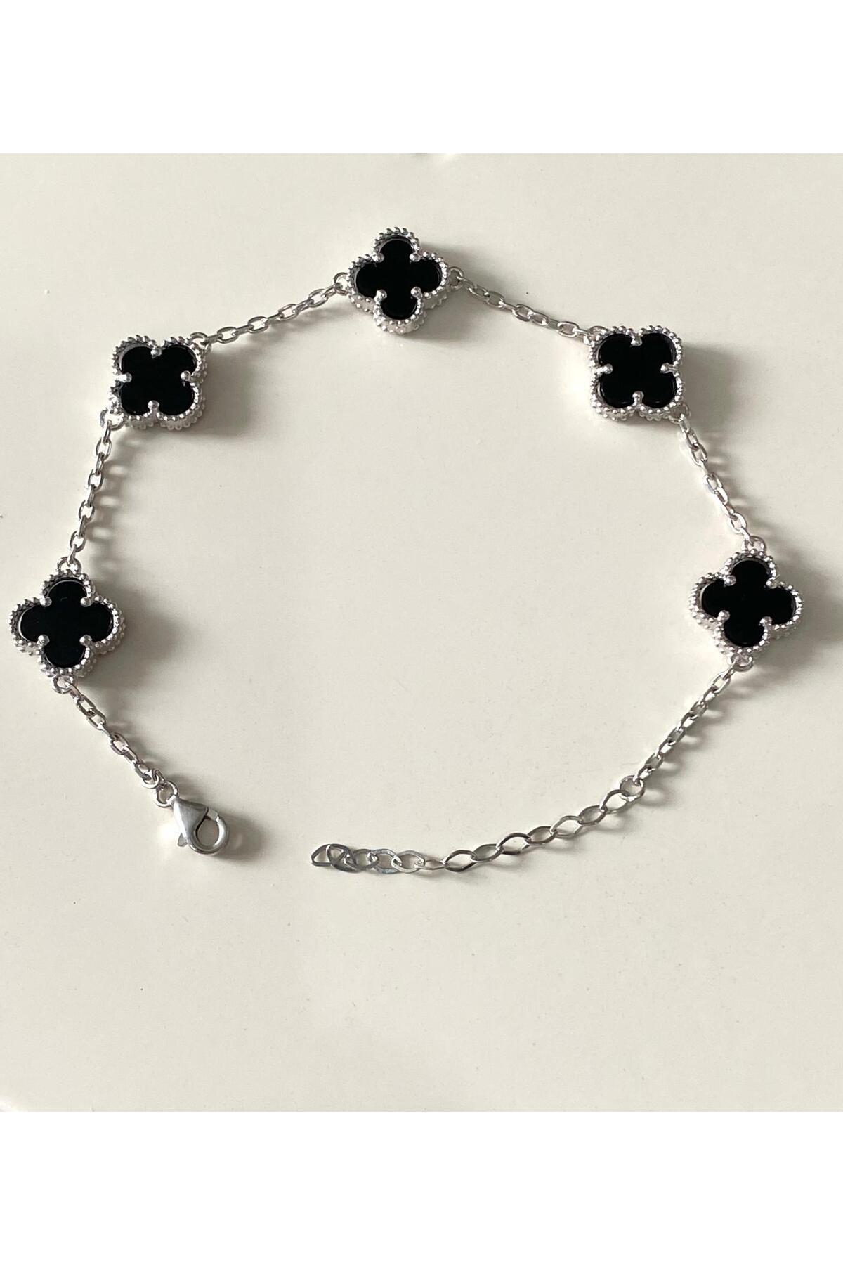 Siset Gümüş  925 Ayar Rodyum Kaplama Unısex Beş Oniks Taşlı Yonca Gümüş Bileklik - Görsel 4