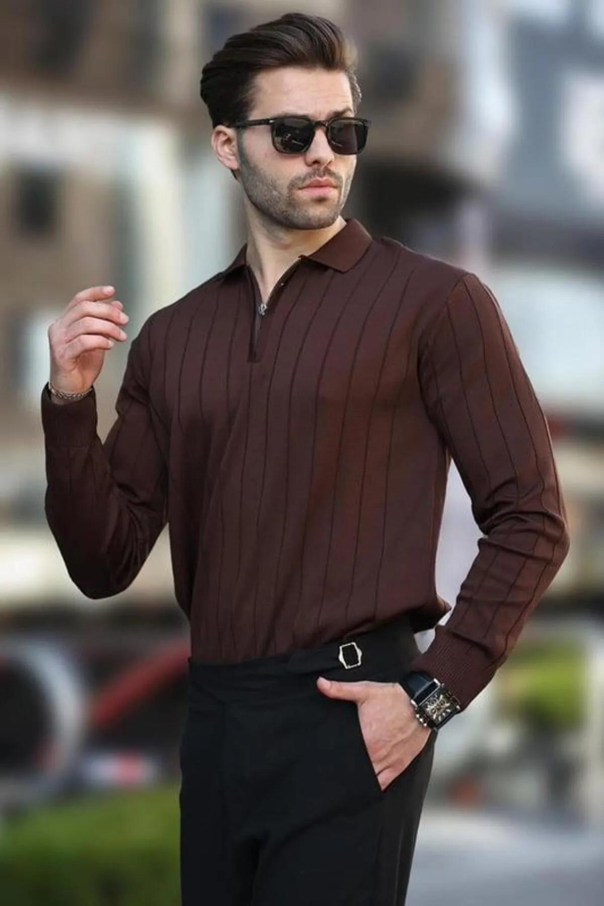 ژاکت بافتنی چوگان یقه باریک مردانه - 4001 — قهوه‌ای
