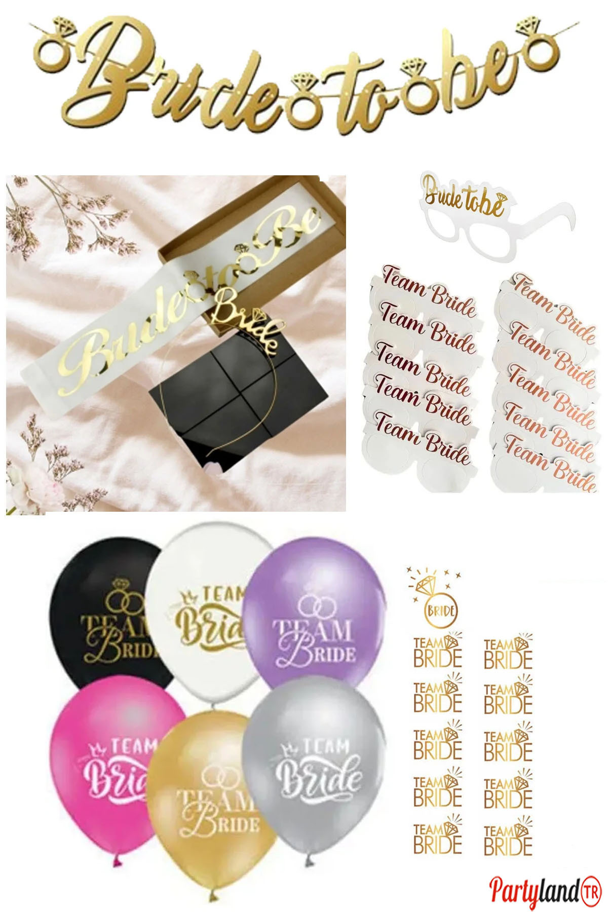PartylandTR 35 Parça Set Bride To Be 1 Bride 10 Team Bride Gold ...