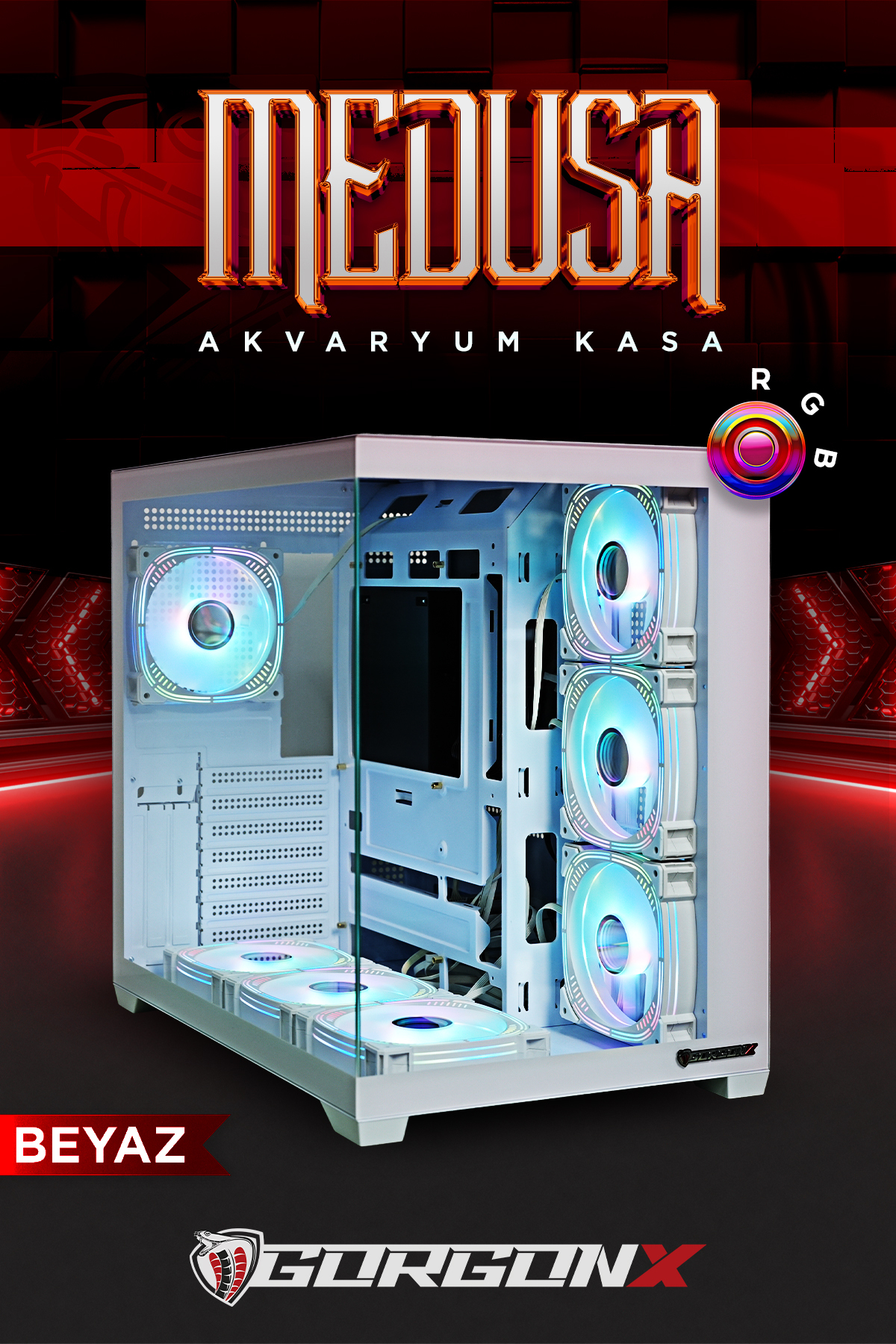 GORGONX MEDUSA 7x12 RGB Beyaz Akvaryum Kasa - 7 Fanlı - Kumandalı