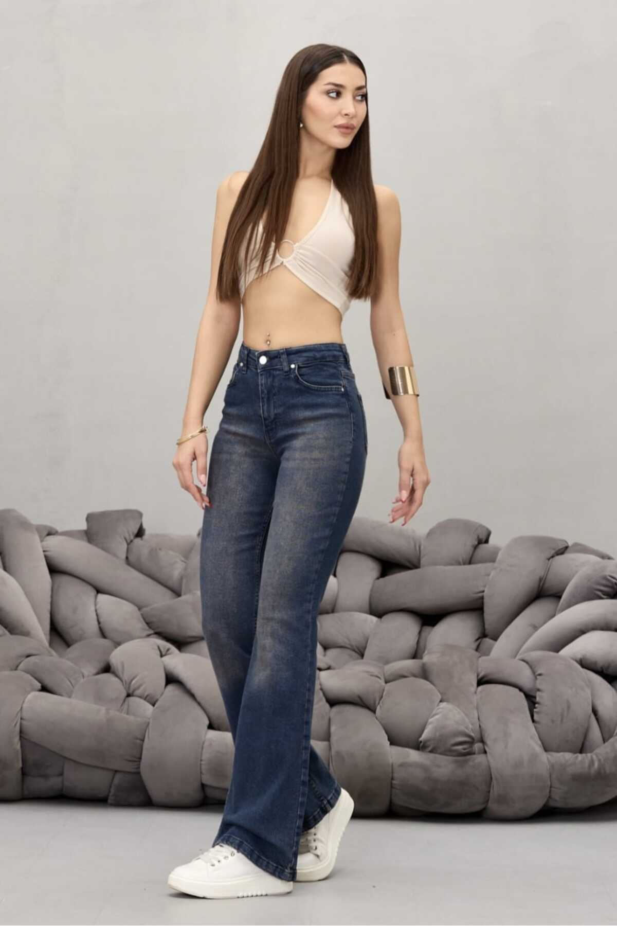 BİKELİFE  Kadın Yüksek Bel Esnek Ispanyol Paça Jeans - Görsel 6