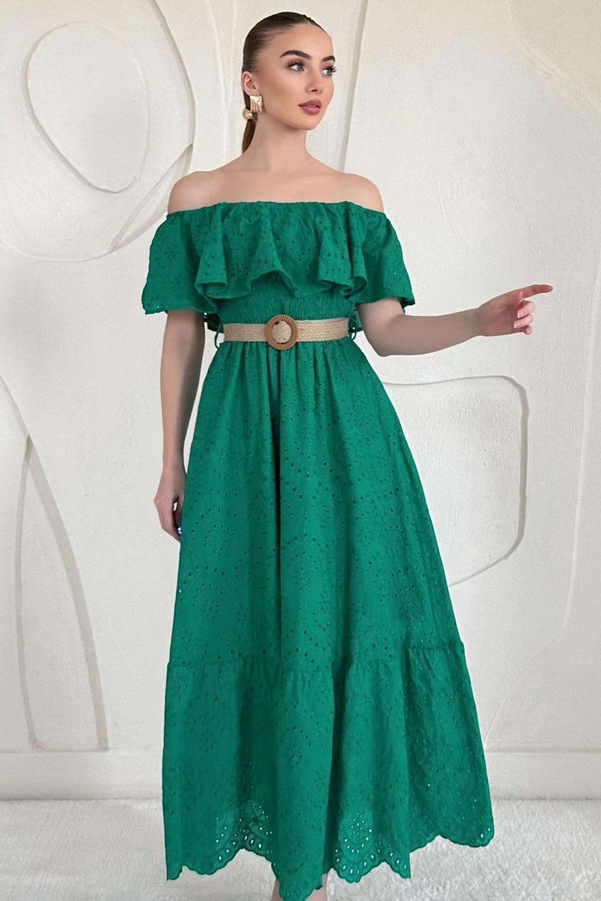 Green Shoulder Elastic Brode Dress