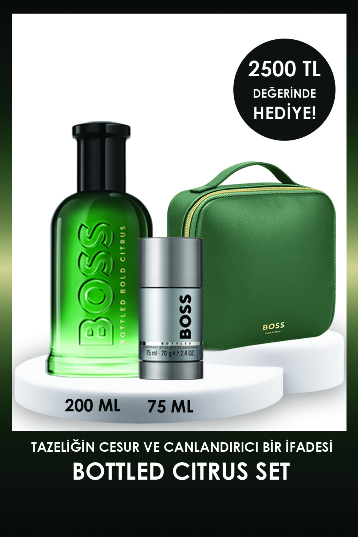 BOSS Bottled Citrus EDP 200 ml Erkek Parfüm & Bottled 75 ml Erkek Deodorant Stick ve Çanta
