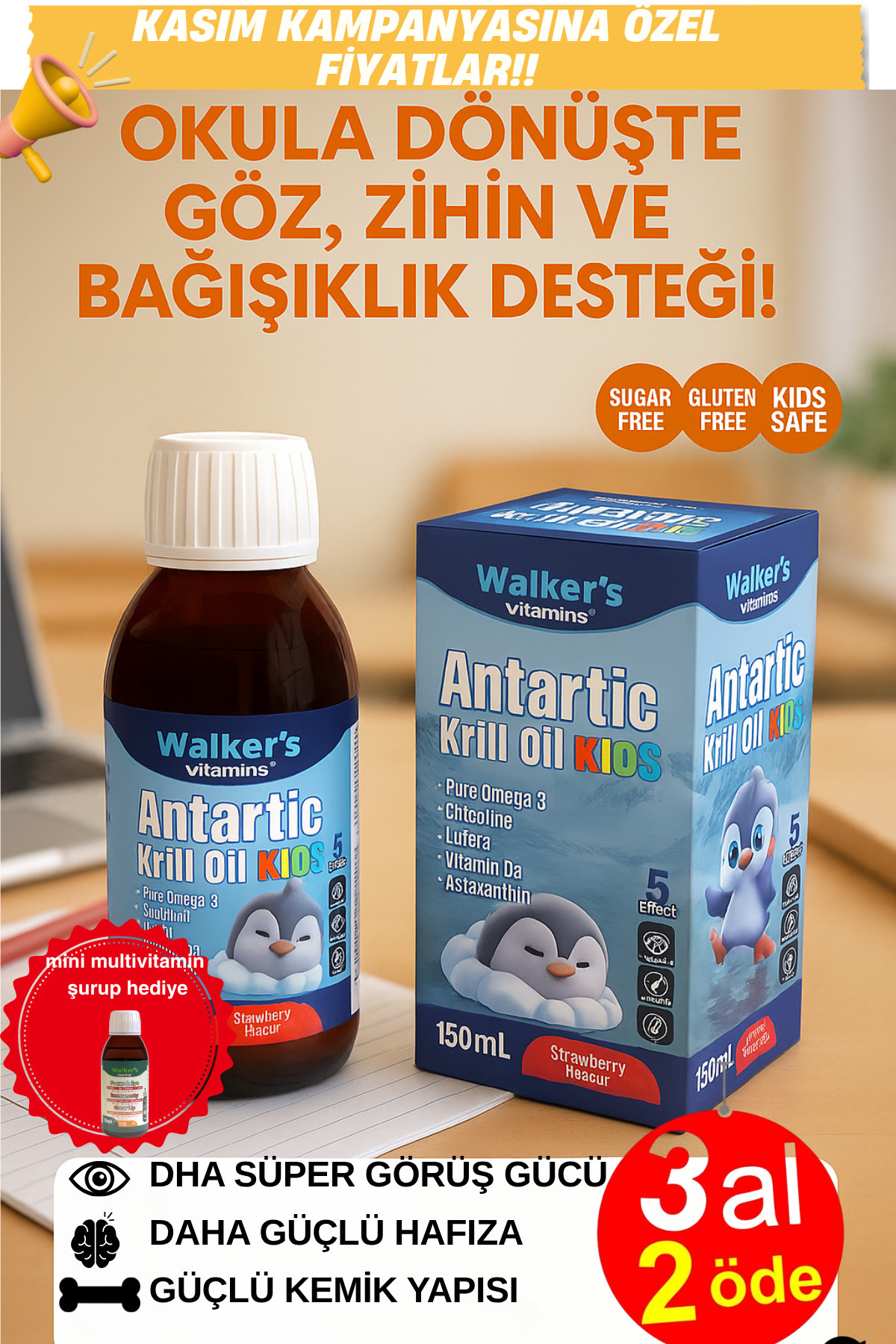 Walkers Omega 3- Krill Oil Balık Yağı, Odaklanma , Büyüme, Omega 3 ,Sitikolin Epa, Dha, içeren çocuk şurubu