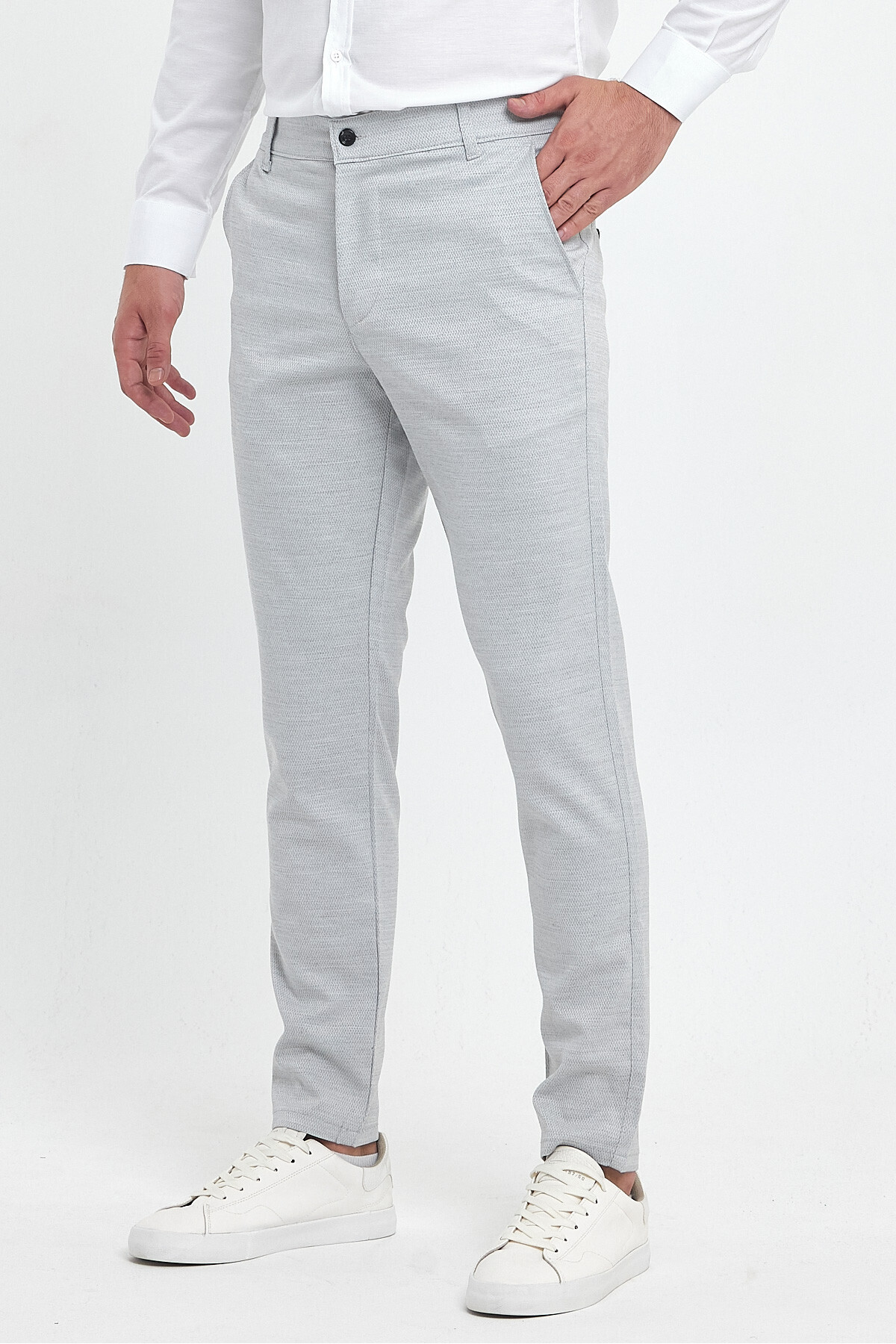 Erkek Slim Fit Açık Gri Keten Pantolon