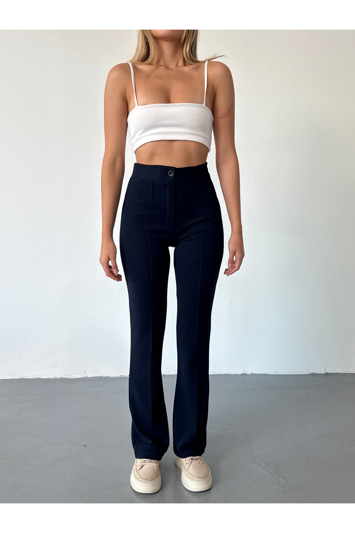 Women's Navy Blue High Waist Wrap Ribbed Leg Palazzo Pants
