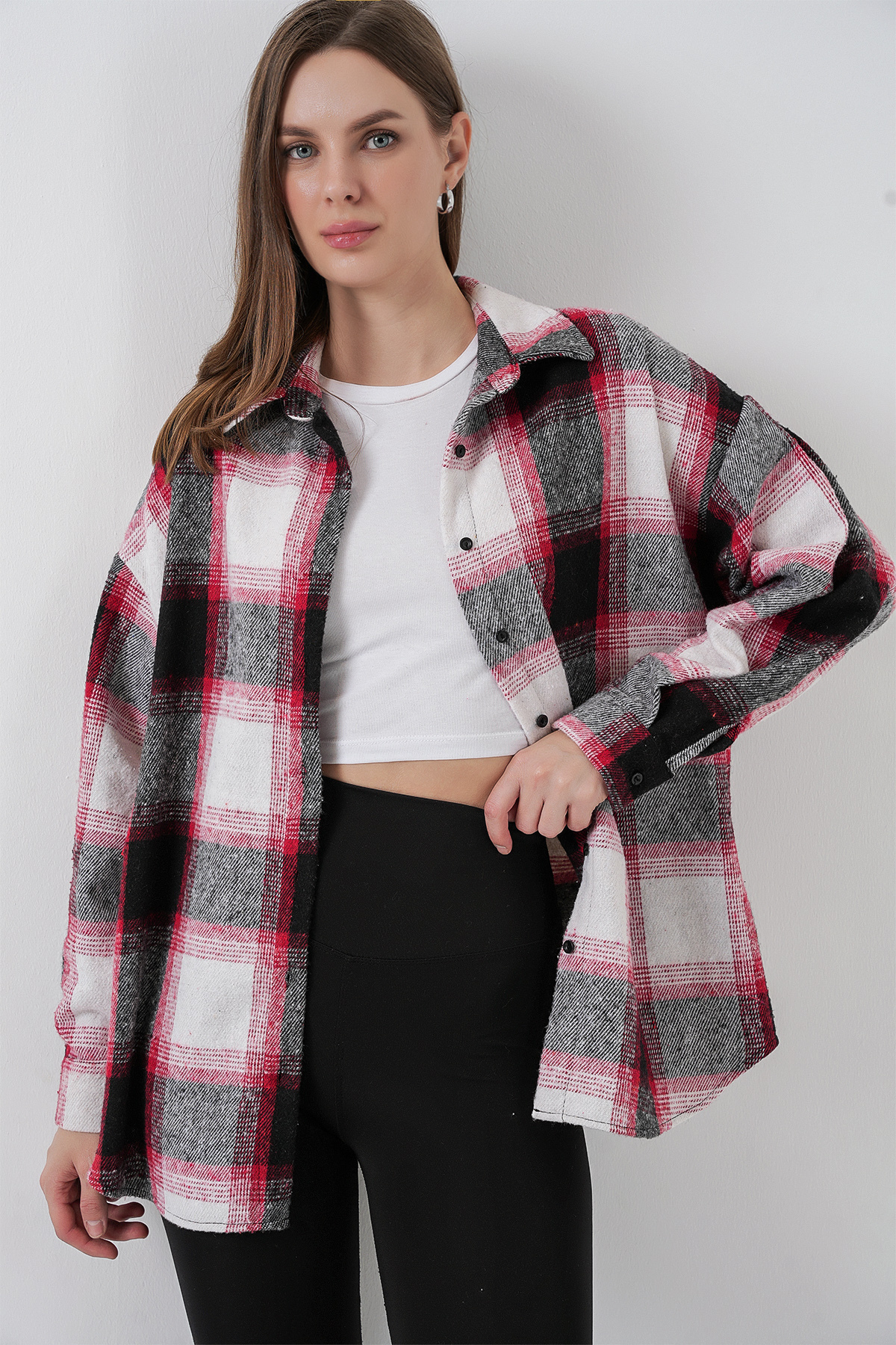 Bigdart Kadın Ekose Desen Oversize Oduncu Gömlek 3854 Kiremit görsel 3