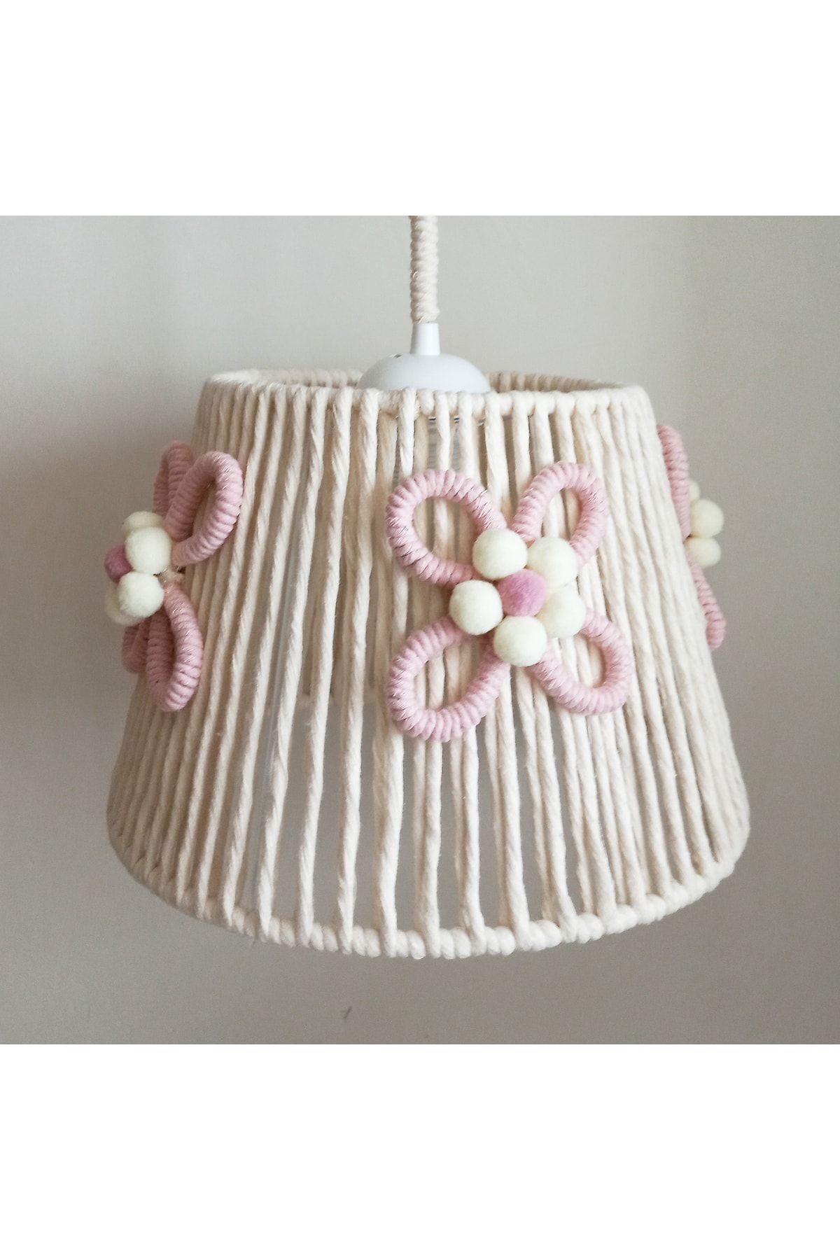 C&A Ekru Makrome Ip Sargı Çiçek Aplike Ponponlu Tasarım Kız Bebek Kızçocuk-genç Odası Sarkıt Avize fotoğrafı 2 (önizleme)