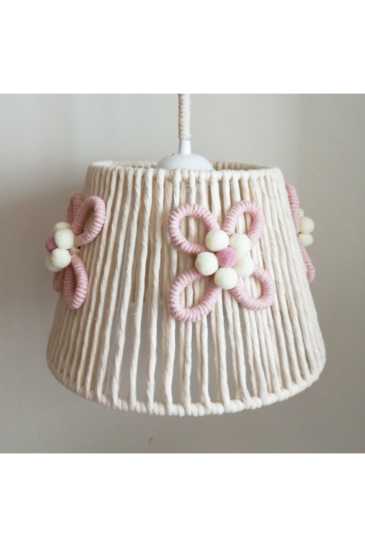 C&A Ekru Makrome Ip Sargı Çiçek Aplike Ponponlu Tasarım Kız Bebek Kızçocuk-genç Odası Sarkıt Avize fotoğrafı 3 (önizleme)