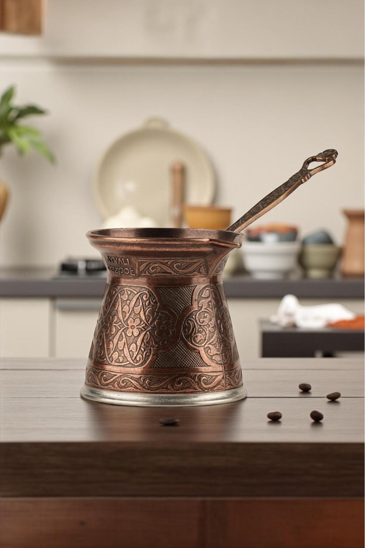 ayvalı metal Desenli Döküm Cezve Büyük Boy 6 Kişilik- Mıknatıslı Ocaklara Uyumlu