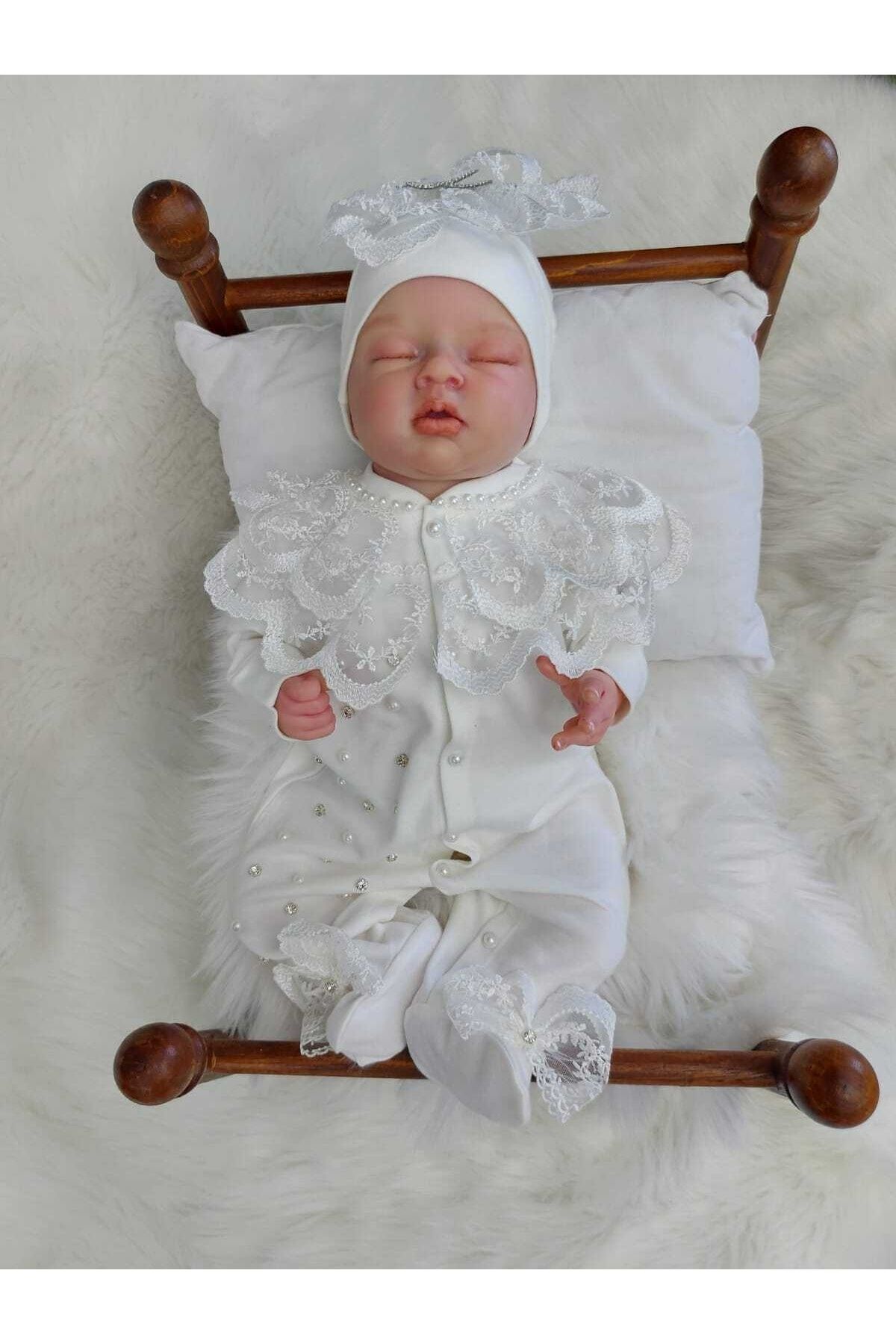 Şeker Tadında Tasarımlar Güpür Ve Inci Detaylı Kız Bebek Tulum Seti,mevlüt Takımı fotoğrafı 6 (önizleme)
