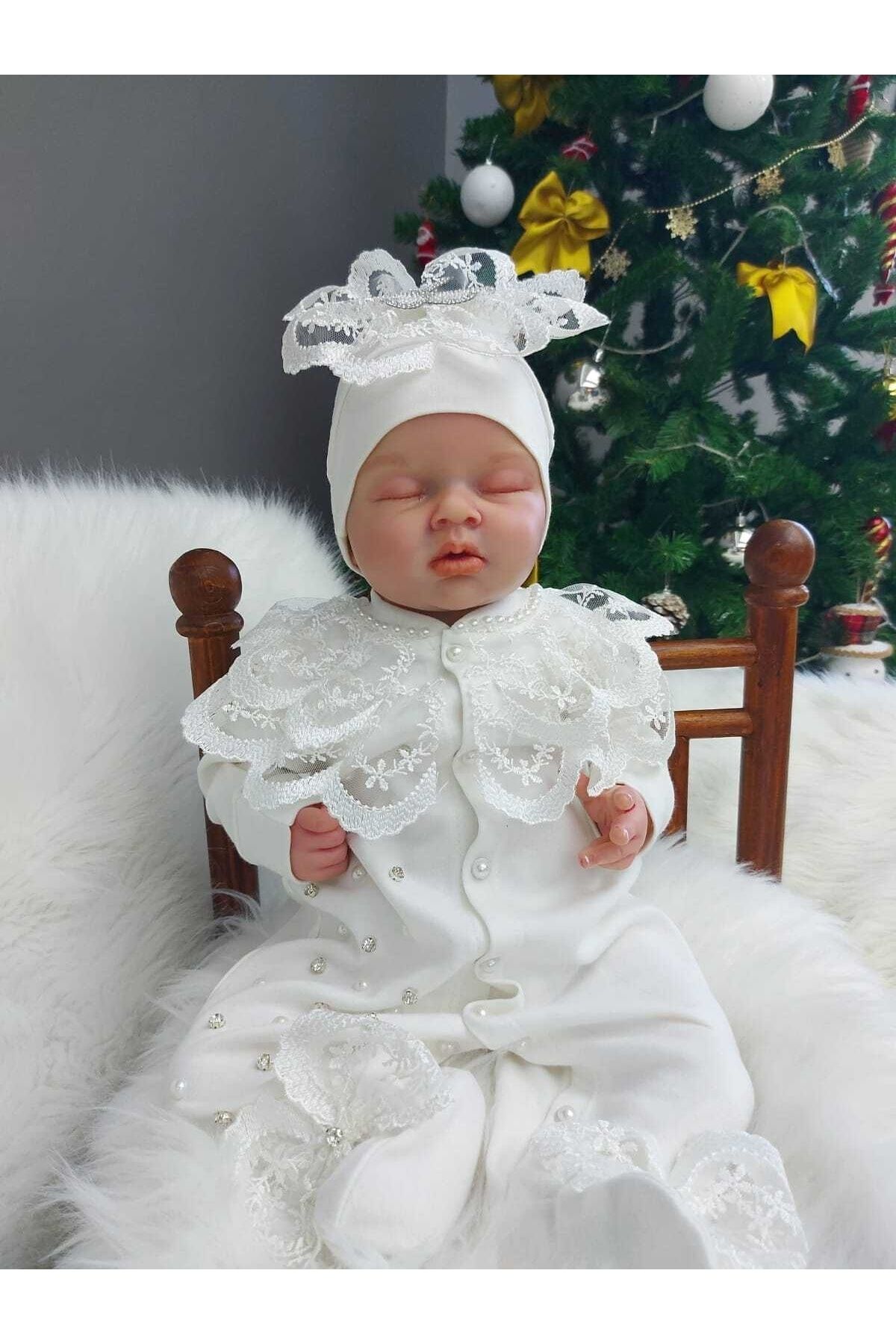 Şeker Tadında Tasarımlar Güpür Ve Inci Detaylı Kız Bebek Tulum Seti,mevlüt Takımı fotoğrafı 5 (önizleme)