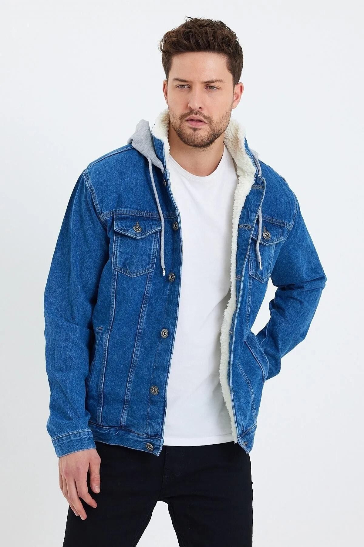 DAMGA JEANS  Içi Kürklü Kapüşonlu Kot Mont Mavi - Görsel 5