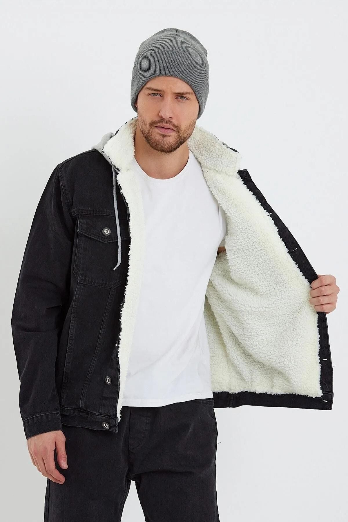 DAMGA JEANS  Içi Kürklü Kapüşonlu Kot Mont Siyah - Görsel 4