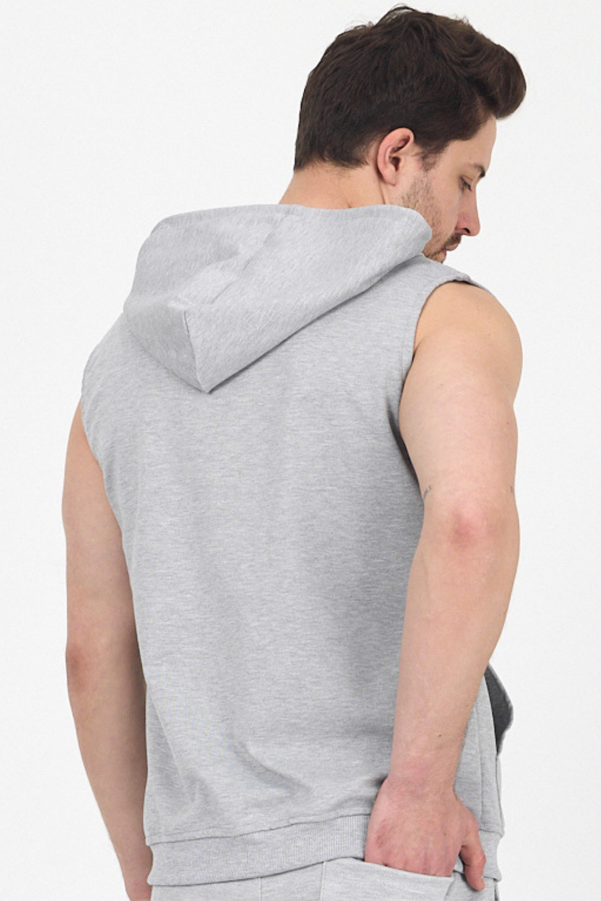 DAMGA JEANS Erkek Kapüşonlu Kolsuz Fermuarlı Yazlık Uzun Gri Sweat Yelek görsel 6