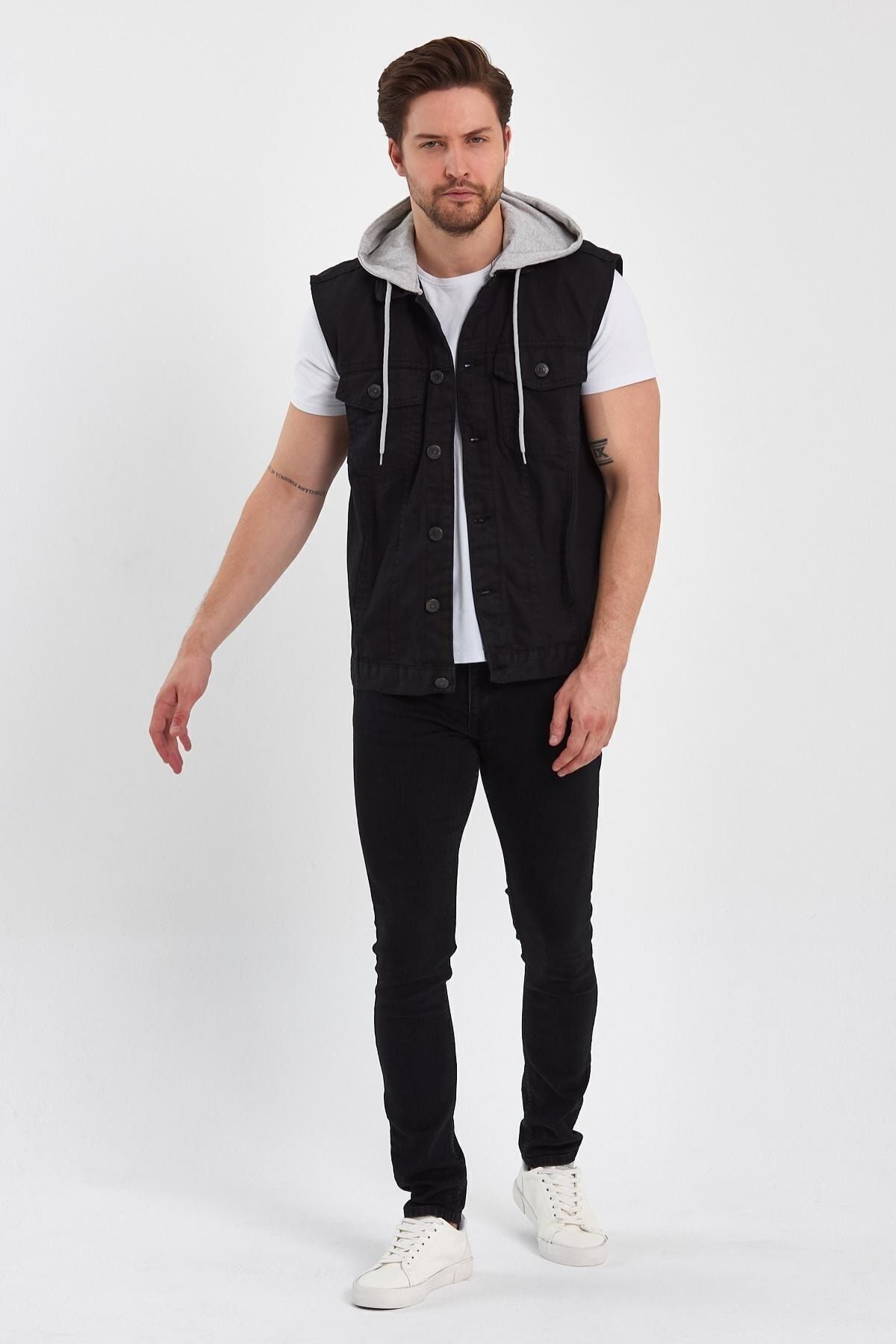 DAMGA JEANS Rahat Kalıp Denim Kapüşonlu Kot Yelek Siyah görsel 4