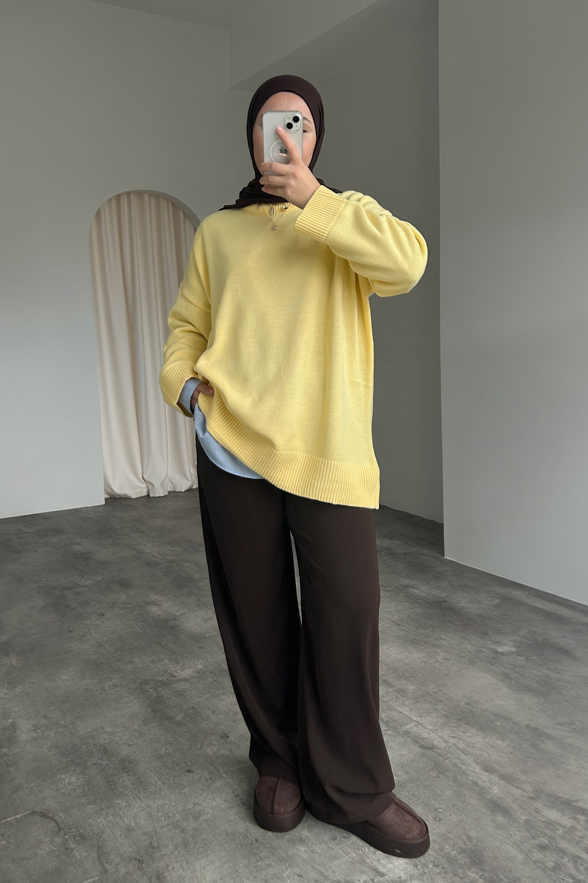HYWONA Kadın Bisiklet Yaka Oversize Triko Tunik Kazak Sarı görsel 6