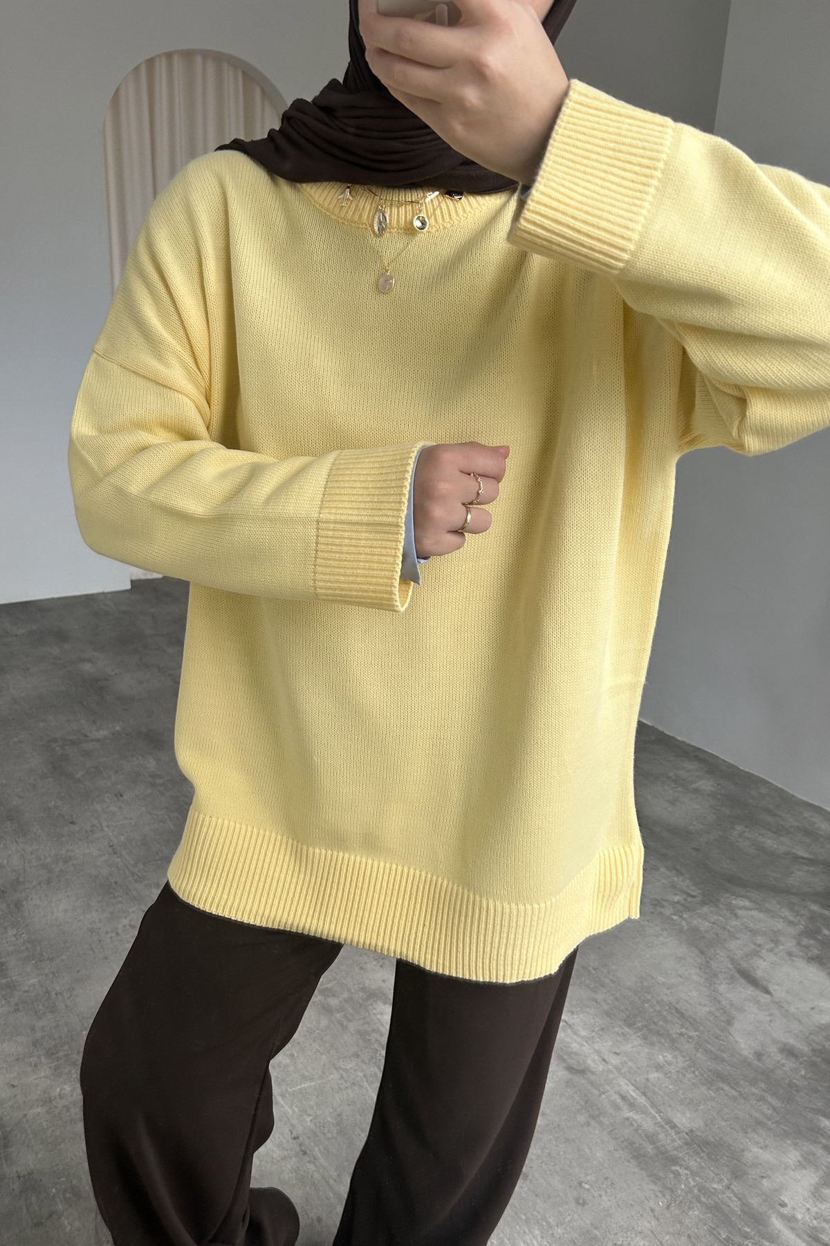 HYWONA Kadın Bisiklet Yaka Oversize Triko Tunik Kazak Sarı görsel 4
