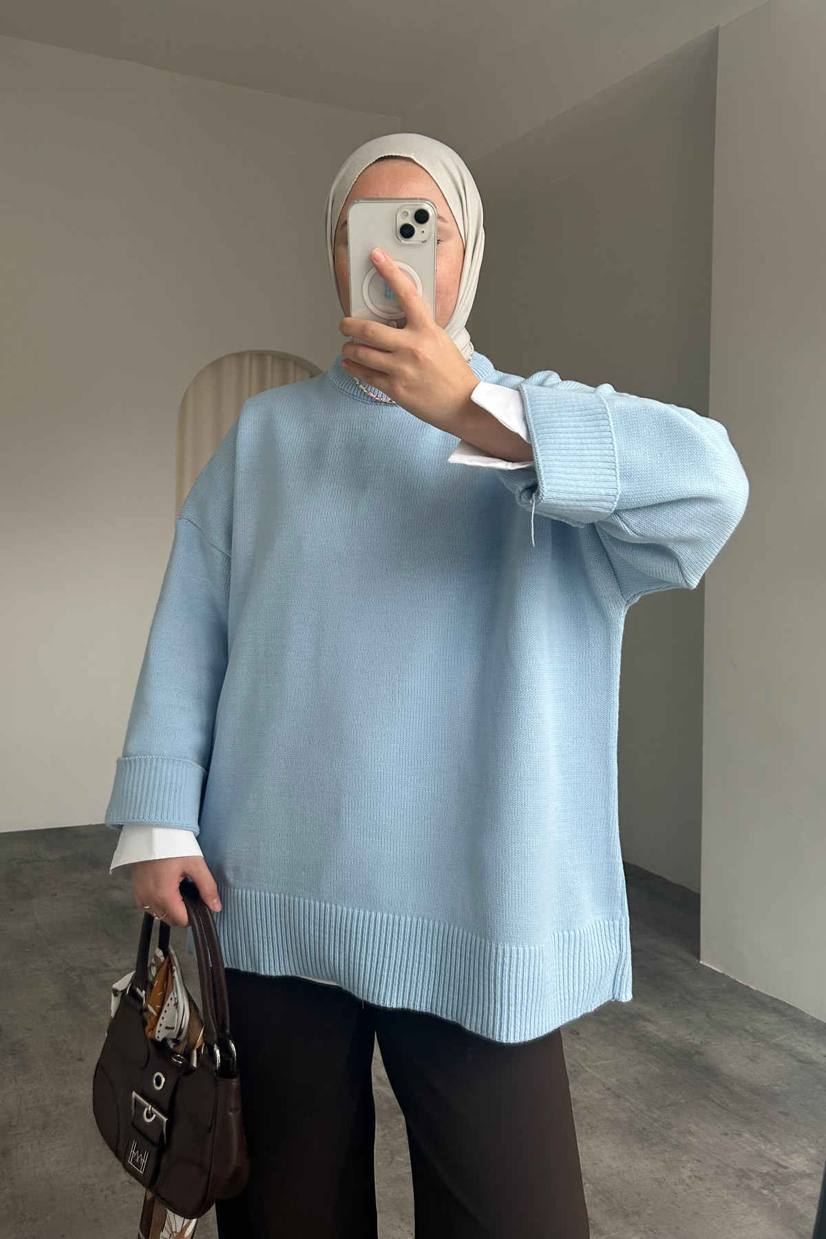 HYWONA Kadın Bisiklet Yaka Oversize Triko Tunik Kazak Mavi